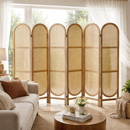 Aletheiawu Arched Rattan Room Divider 5.6 Ft Folding Privacy Screen, 6 Panel Freestanding Room Partition with Double Hinges, Lightweight Paulownia Wood Divider for Bedroom, Restaurant, Office, Natural