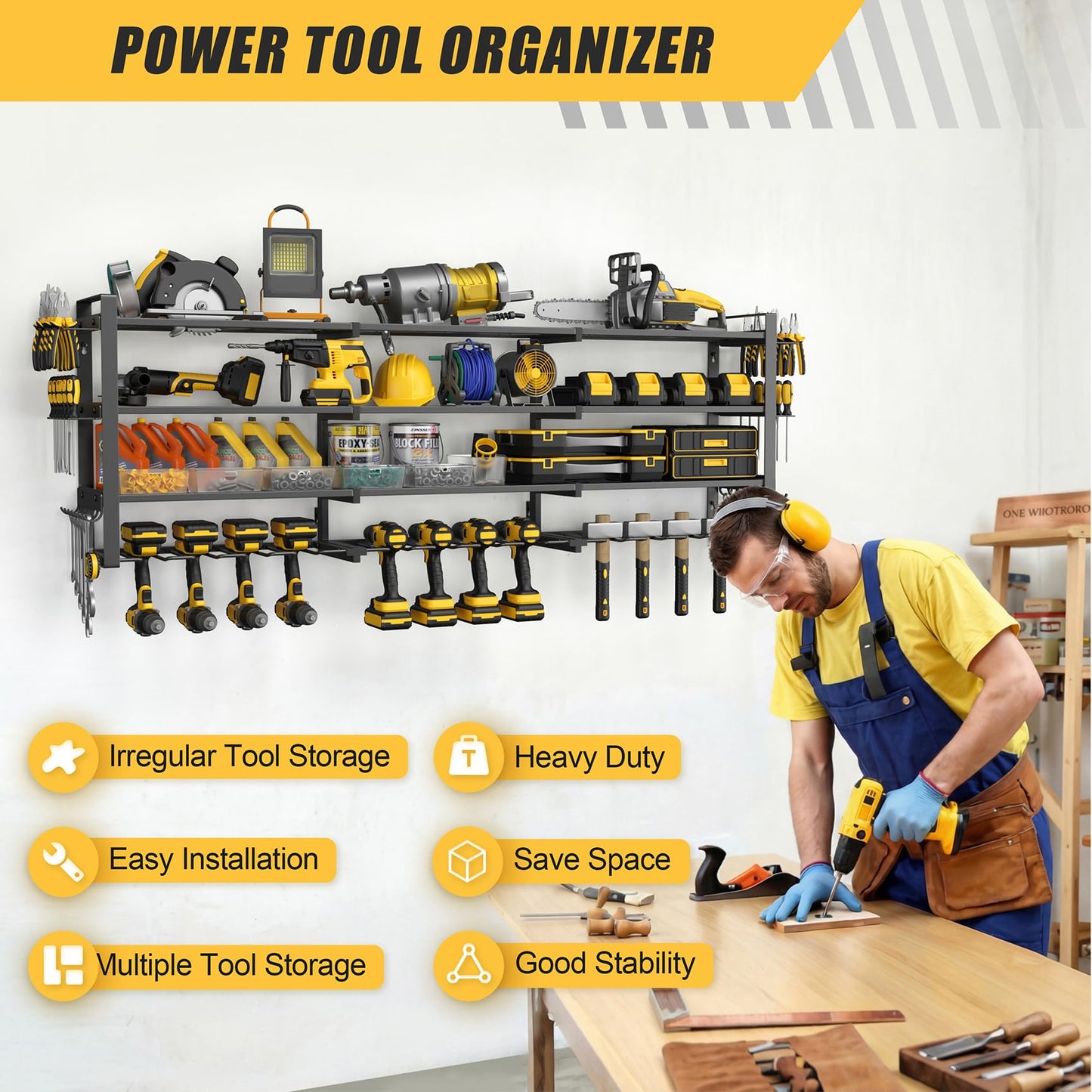 Jusgym Large 49''W Power Tool Organizer Wall Mount |650lbs Tool Garage Storage Rack with 12 Cordless Drill Holder |4-Tier Heavy Duty Garage Organization |Fathers Day Dad Gifts for Men