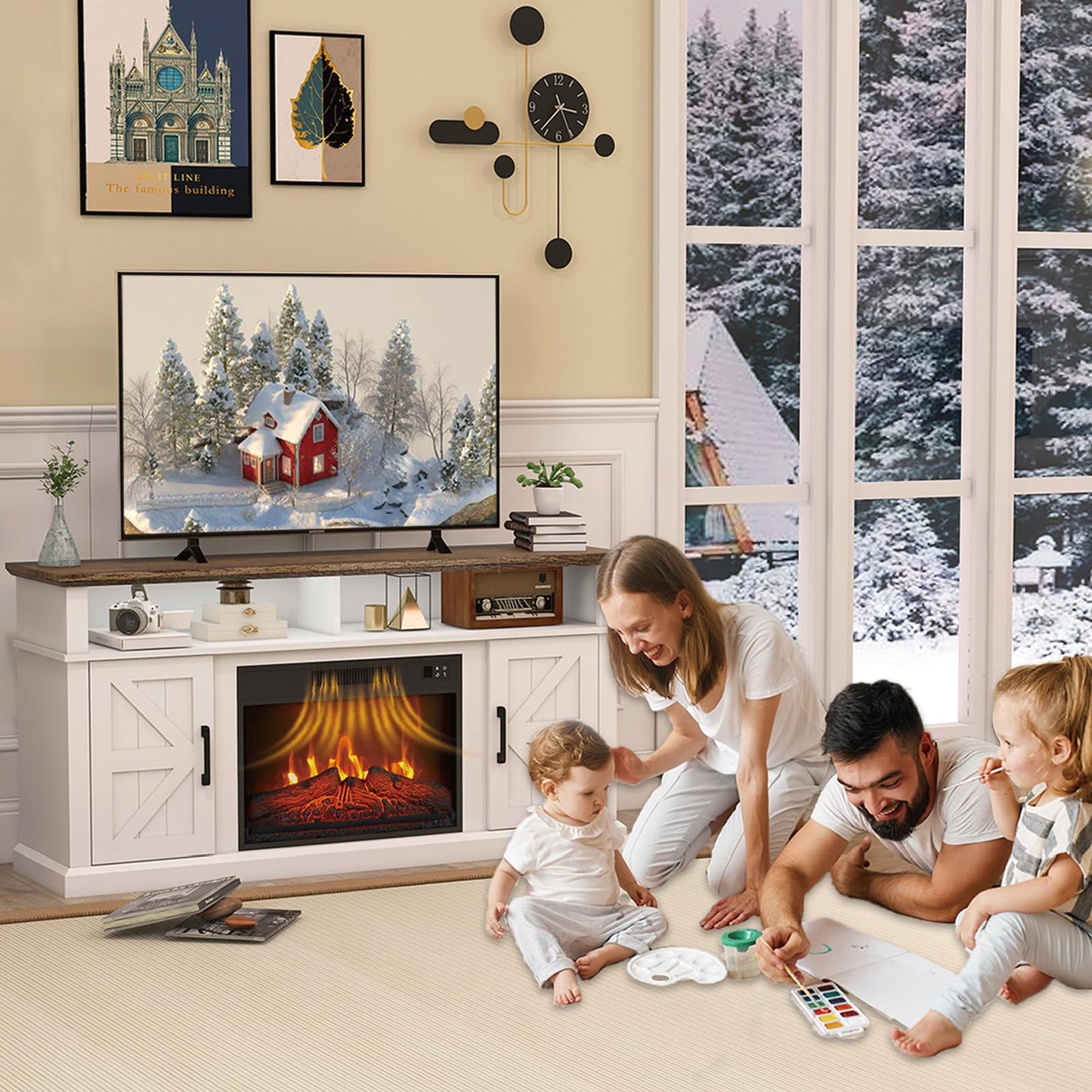 LubanNese Fireplace TV Stand for TVs Up to 65" with 23" Electric Fireplace, Entertainment Center with Storage Cabinet and Open Shelves, Media Console with Barn Doors for Living Room (White)