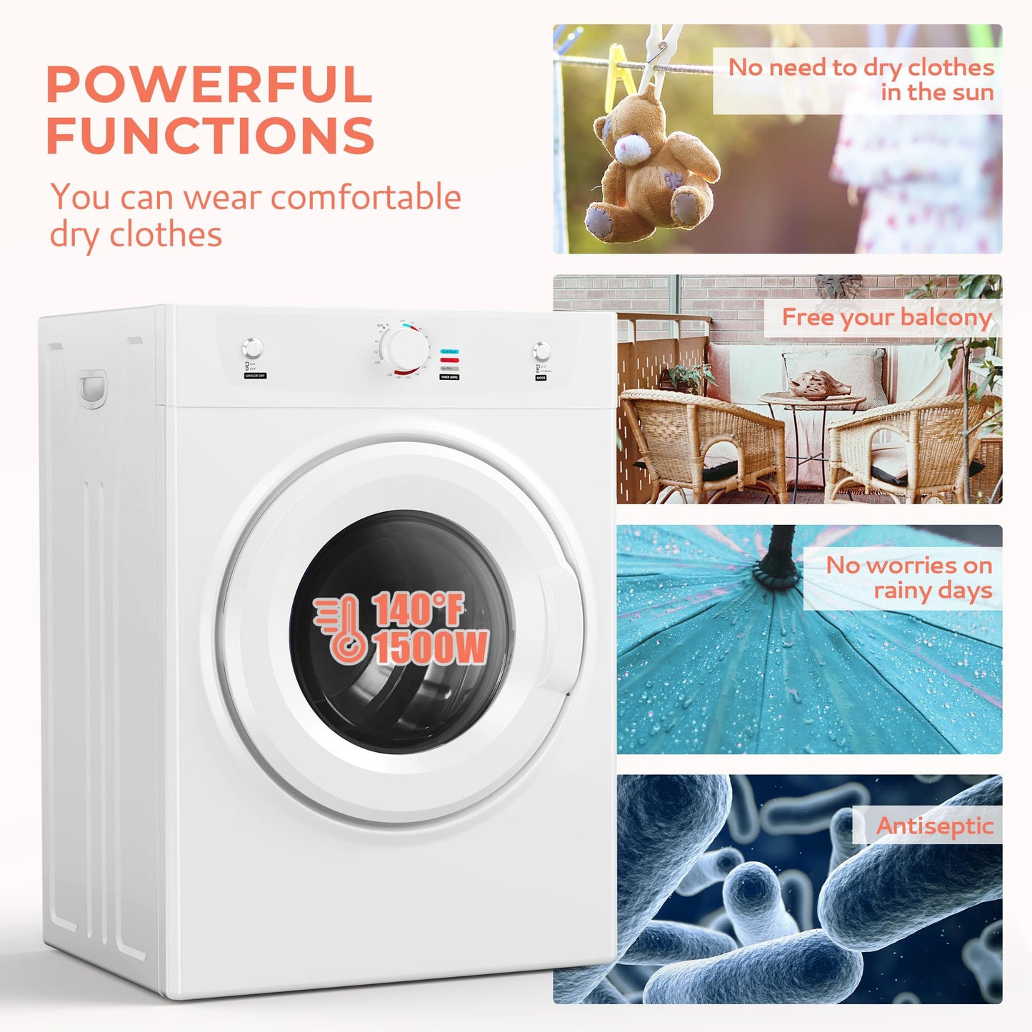 Euhomy Dryer, 3.5 Cu. Ft. 1500W Clothes Dryer, Stainless Steel Tumble Dryer with Exhaust Hose for Home, Apartment, Dorm, White