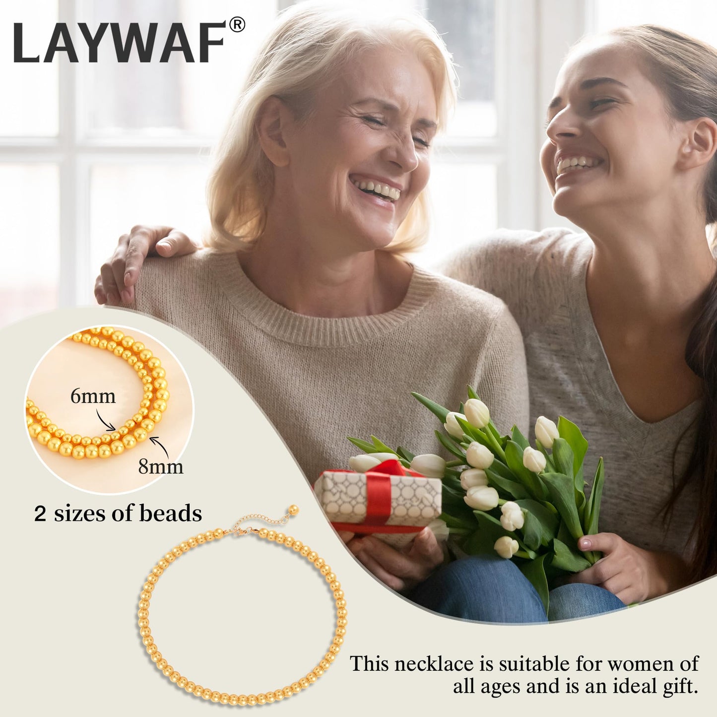 LAYWAF Imitation Pearl Necklace for Women Mom Wedding Bride, Fake Pearl Choker Yellow Necklace, 8MM Beaded Necklace, Simple Faux Pearls Jewelry, Costume Pearl Accessories