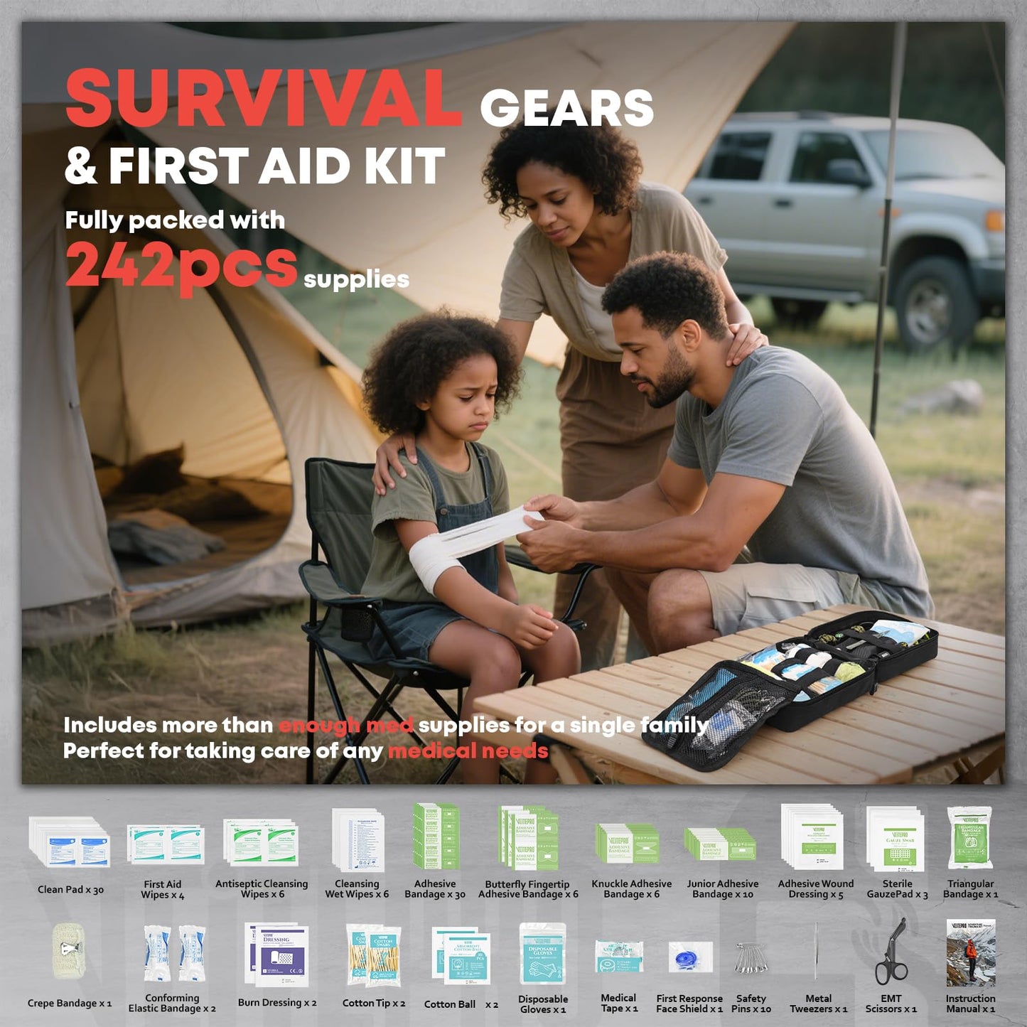 242Pcs Survival First Aid Kit Molle System IFAK Medical Kit for Camping Hiking Hunting Car&Home Emergency, Earthquake Preparedness Lightweight Tactical Kit for Outdoor Enthusiasts (Red)