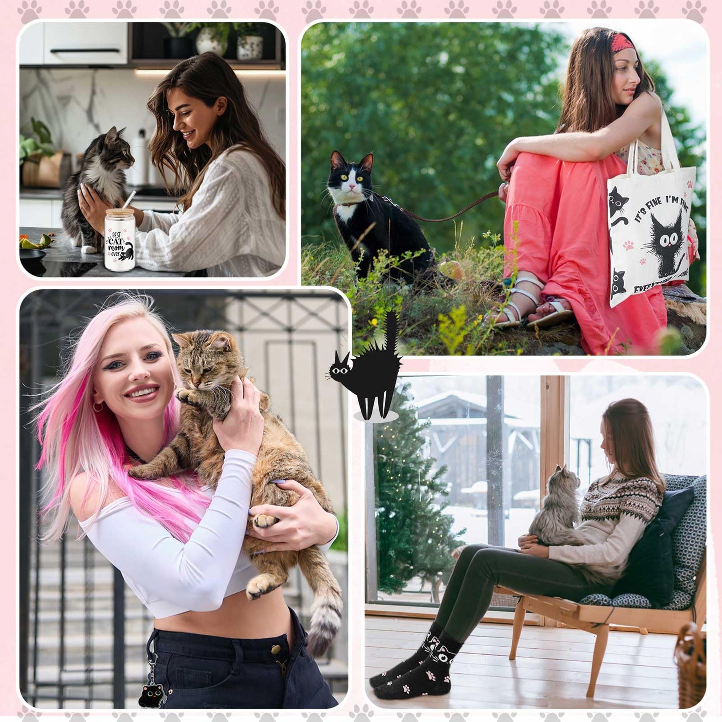 Paterr 4 Pcs Black Cat Gifts for Women, Mother's Day Black Cat Lover Gift for Mom Birthday Decorations, with Canvas Tote Bag 16oz Glass Coffee Cup with Straw Socks Cute Keychain
