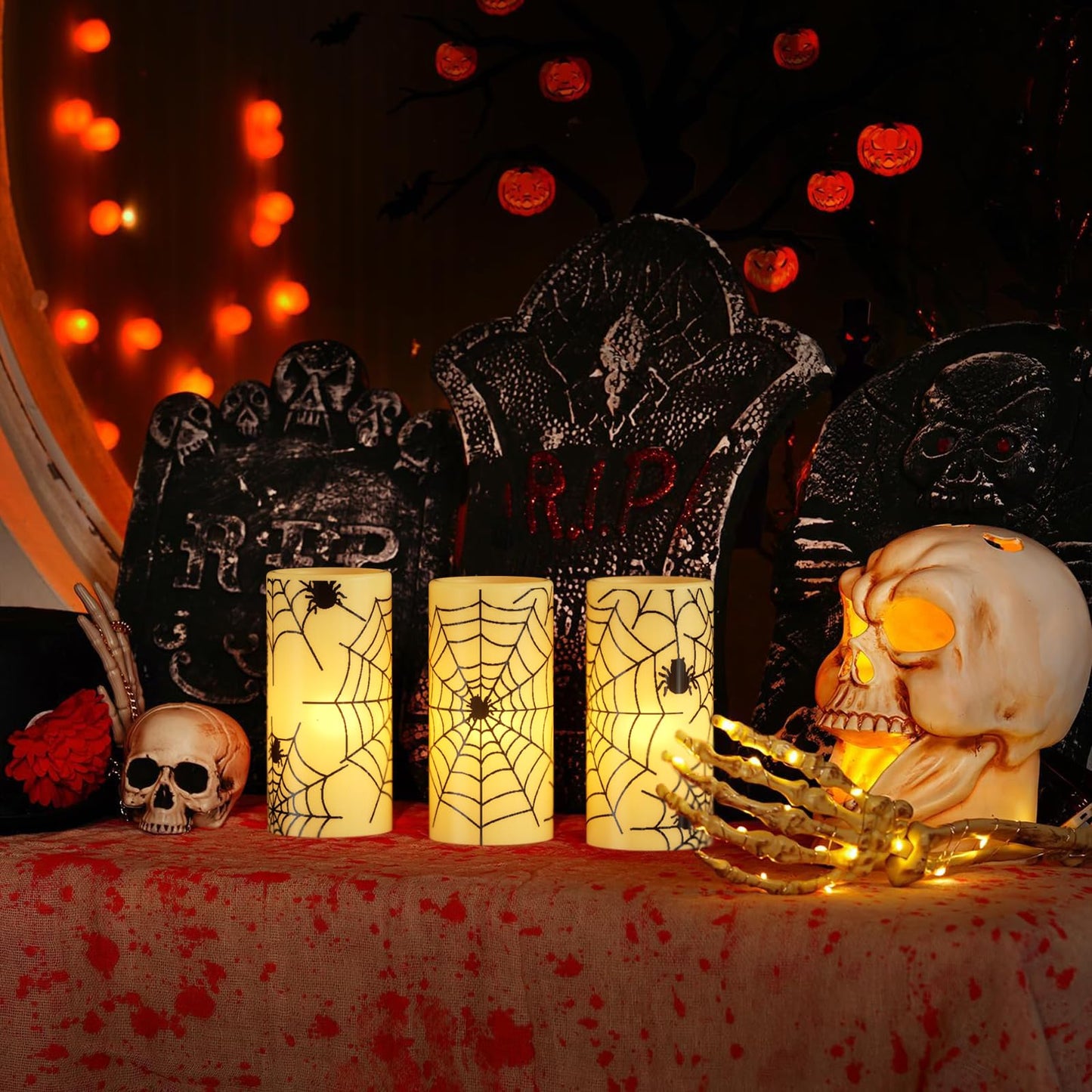DRomance Flameless Candles Battery Operated with Timer, Set of 3 Spider Cobweb Decals Yellow Light Real Wax LED Flickering Pillar Candles Dinner Tabletop Halloween Home Decoration (3" x 6"")"