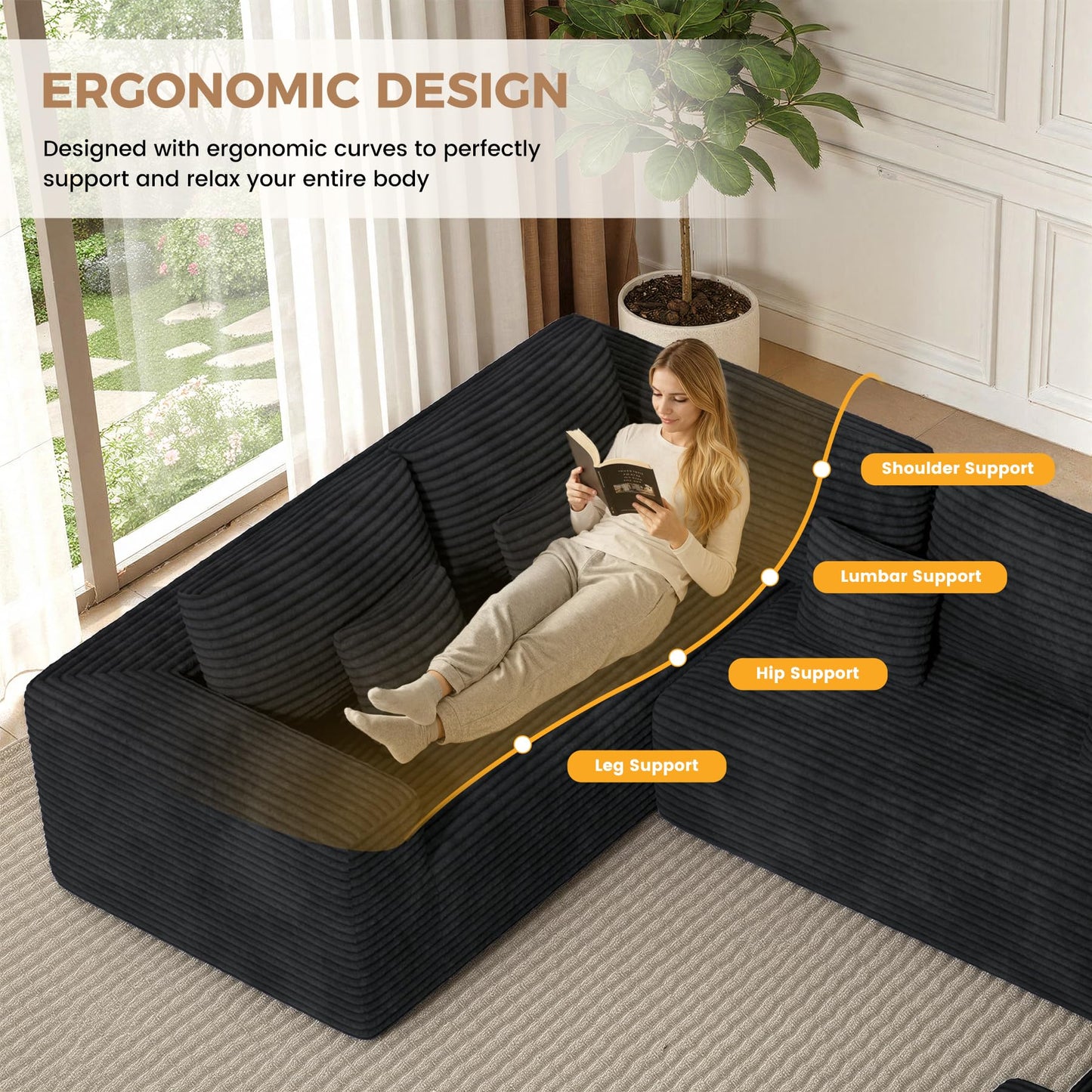 Luxanimarion 136'' Large Sectional Cloud Couches with Chaise, U Shaped Boneless Sofa Bed with Ottoman, No Assembly Required Deep Seat Modular Lounge for Living Room 4PCS Set, Bedroom(Black)