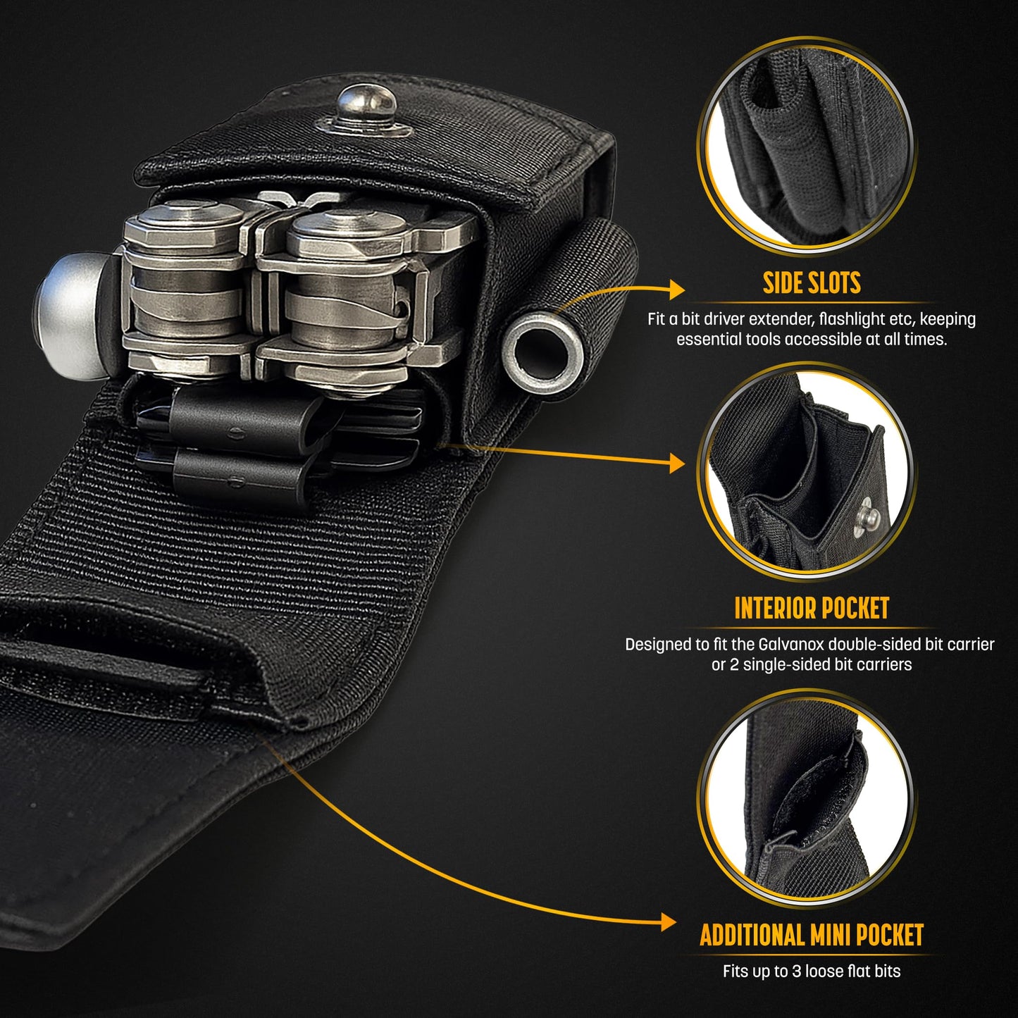 Galvanox Nylon Sheath for Multi-Tools with 21 Flat End Screwdriver Bits and Holder - Case Belt Holster Pouch with Pockets and Bit Set Included, Compatible with Leatherman (4" to 4.5")