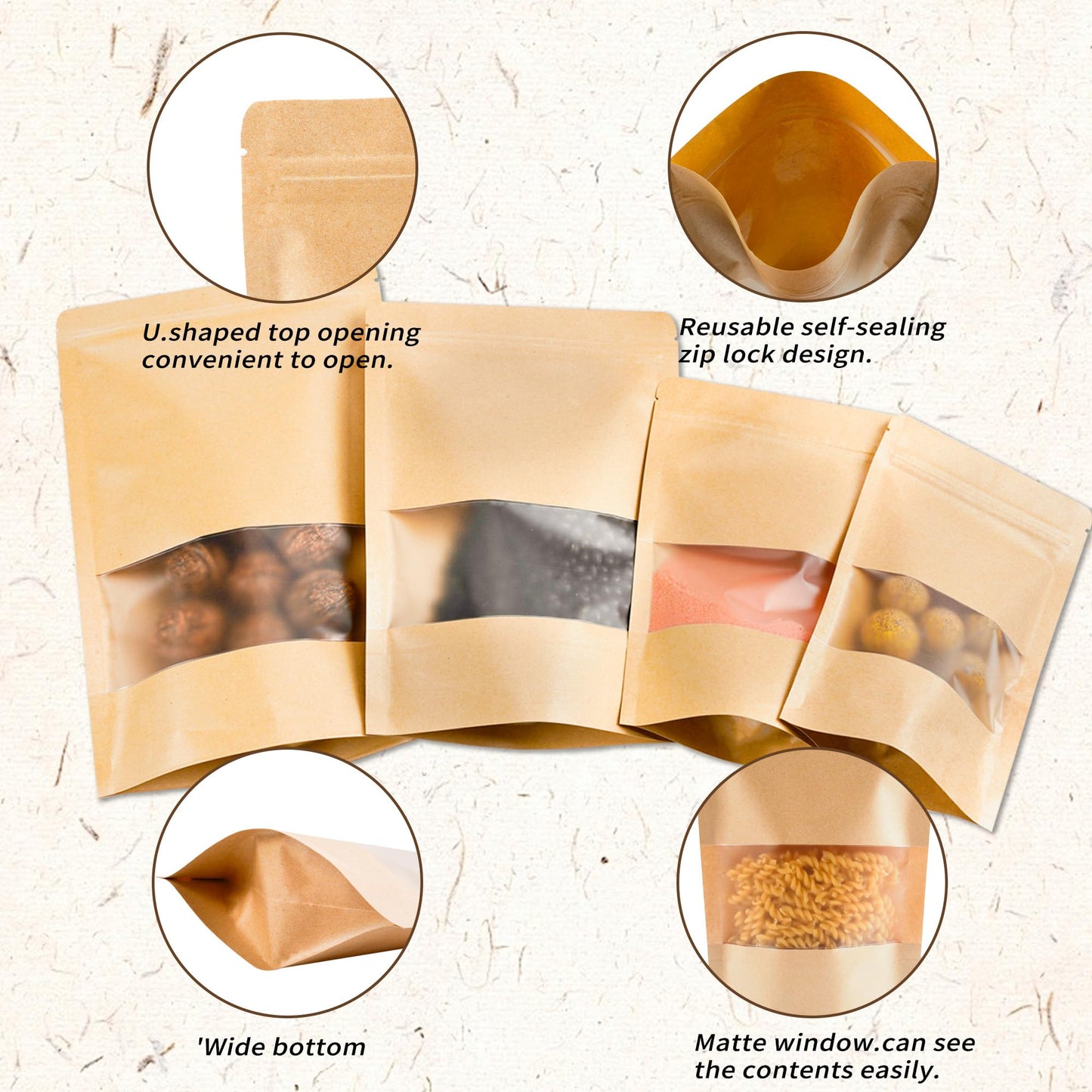 EIOFG Packaging 100PCS Kraft Paper Bags with Window(3.9" X 5.9"), Resealable Paper Bags for Food Storage, Stand Up Treat Bag Reusable for Candy, Cookie, Heat Seal Paper Bag for Small Business
