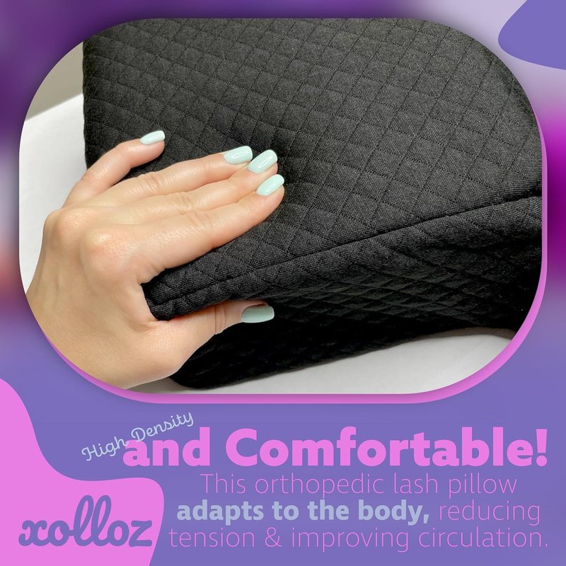 Lash Pillow for Eyelash Extensions - Curved Memory Foam Bed Pillow, Ergonomic Head Rest with Neck Support, Side Pockets for Tools, Fits Lash Beds for Tech – Black