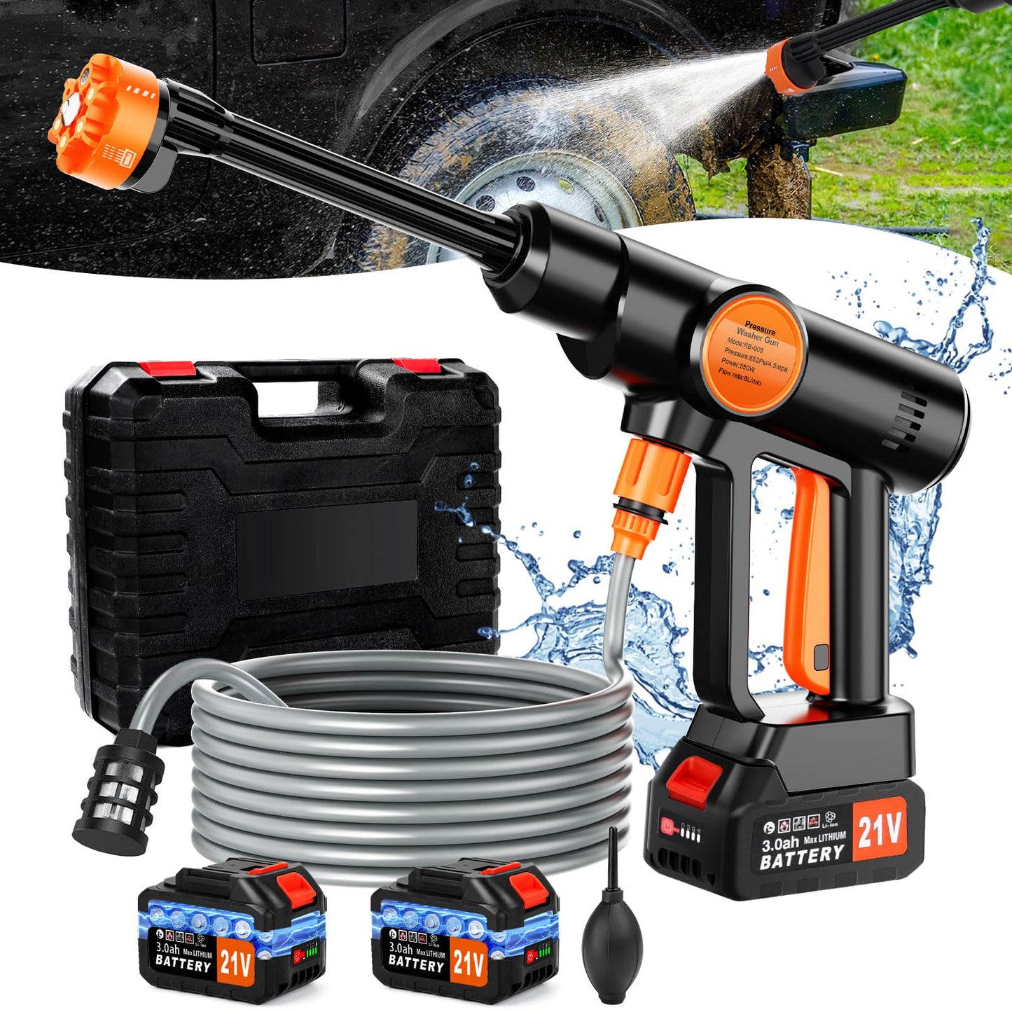Cordless Pressure Washer Battery Powered, Portable Power Washer, Handheld Car Washer with 6-in-1 Nozzle,17FT Drain Hose, Power Cleaner for Patio Floor Fence Deck Indoor