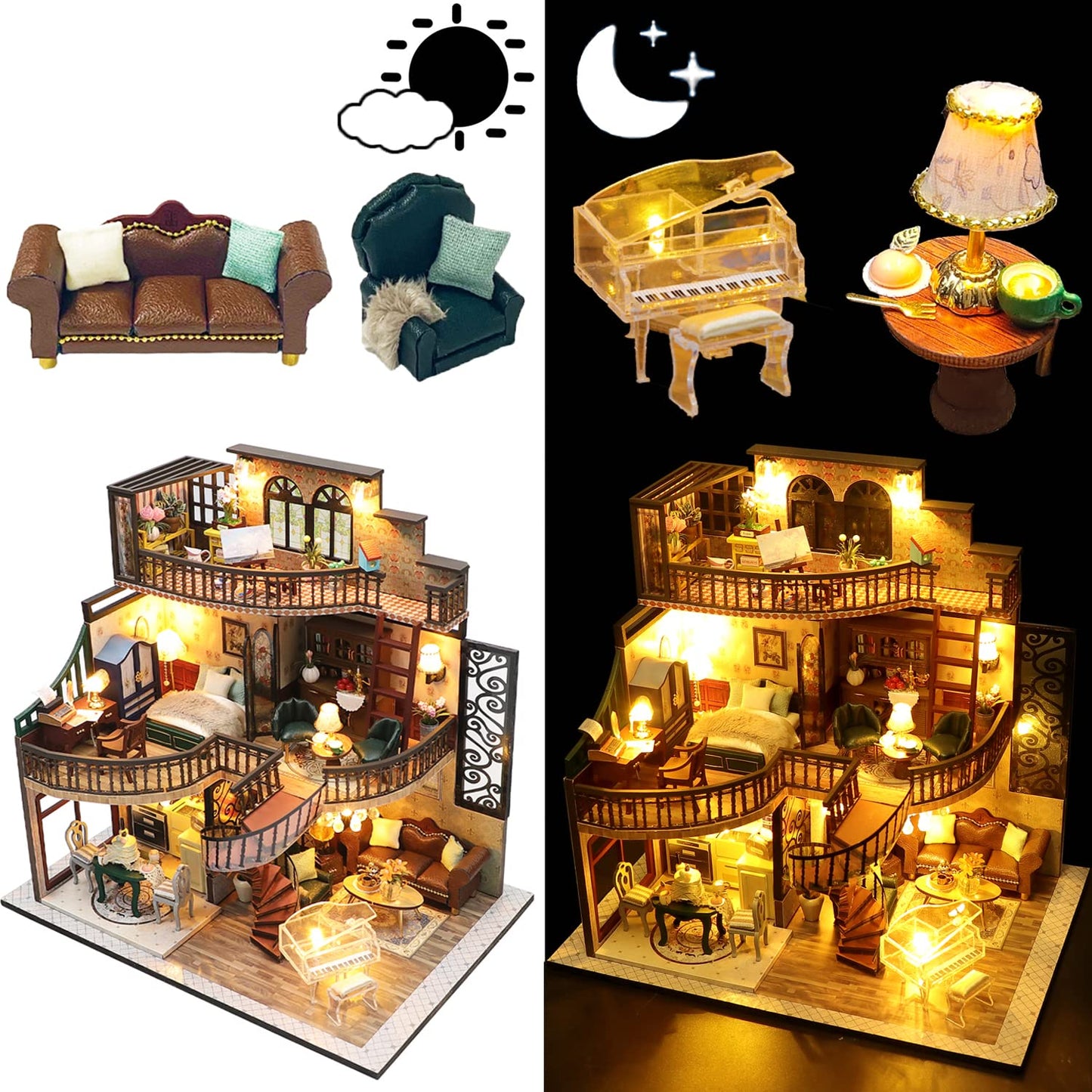 Spilay DIY Miniature Dollhouse Kit with Wooden Furniture,1:24 Scale Mini House with Dust Proof Cover & Music Box,Best Valentine's Day (M2132)