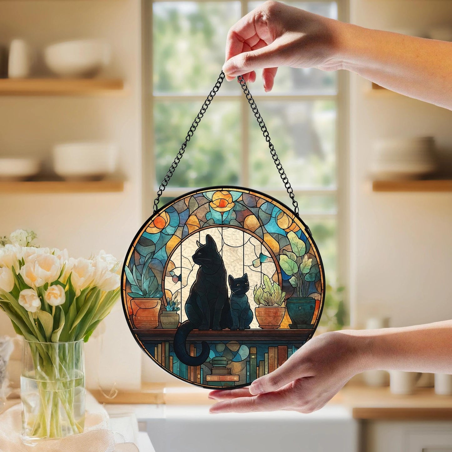 LIANGEAGOM Black Cat Book Lovers Stained Glass Window Hanging, Book Lovers Reader Gifts Suncatchers Sun Catchers Indoor Window Glass Wall Art Decorations, Black Cat Gifts for Women, 7.9x7.9in, Patio