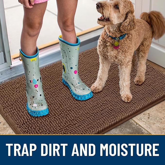 Smiry Dog Door Mat for Muddy Paws 24x16, Absorbs Moisture and Dirt Doormat, Non-Slip Washable Quick Dry Chenille Front Door Mat Indoor Entrance, Entryway Carpet for Inside Floor, Mocha