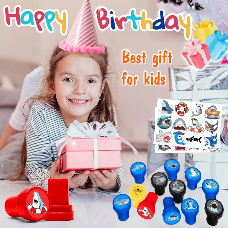 INKSOMOBA 36PCS Shark Party Favors - 24PCS Temporary Tattoos & 12PCS Stamps - Ideal Beach Ocean Animal Themed Birthday Card Decorations Supplies Goodie Bag Cute Rewards for Boys Girls Classroom Gifts