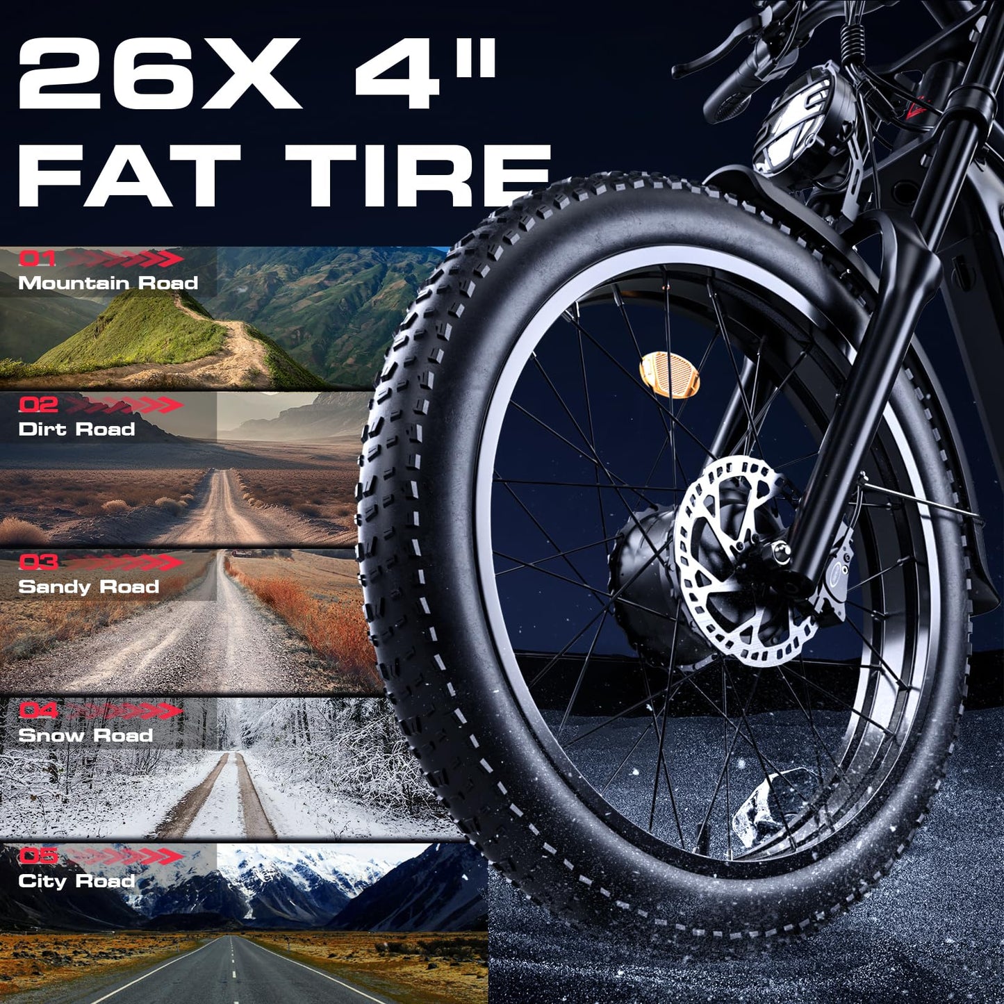 Seemoon Electric Bike for Adults, 52V 20Ah 26" Fat Tire Fast Ebike, up to 100 Miles, Hydraulic Brakes, Off-Road Mountain Hunting AWD Ebike for Men (Black)