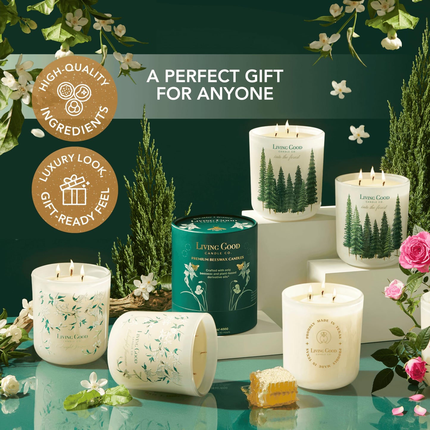 Midnight Jasmine Beeswax Candle - Nostalgic Soft Jasmine with Pink Pepper & Vanilla - Subtle & Refreshing - 90+ Hours of Clean & Non-Toxic Burn - Hand-Drawn Jar - Perfect Unique Gift - 15 OZ