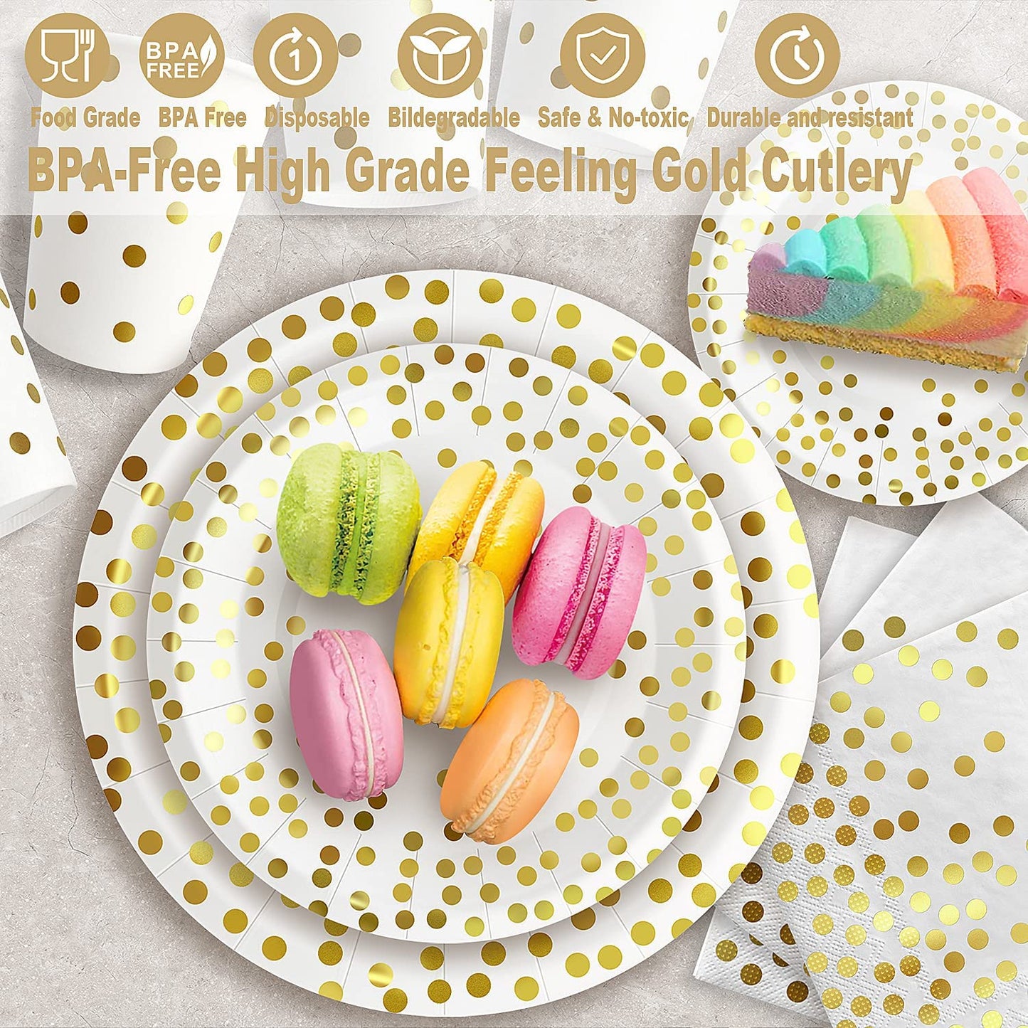 AIRE 175PCS White and Gold Paper Plates Party Supplies for 25 Guests Disposable Decorations Dinnerware Golden Dot Paper Plates Napkins Cups Gold Plastic Forks Knives Spoons for Mothers Day Birthday