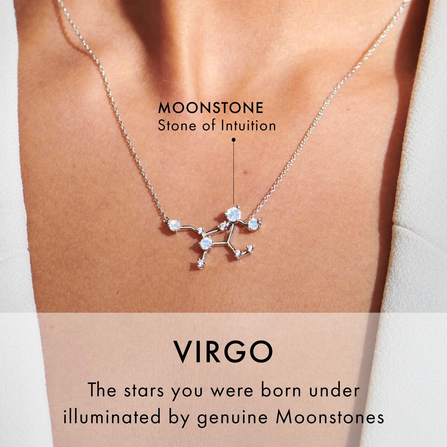 Moon Magic Moonstone Necklace - Virgo Zodiac Constellation / 925 Sterling Silver - 18k Rose Gold - Yellow Gold Rainbow Moonstone Necklaces for Women/Authentic Rainbow Crystal Jewelry
