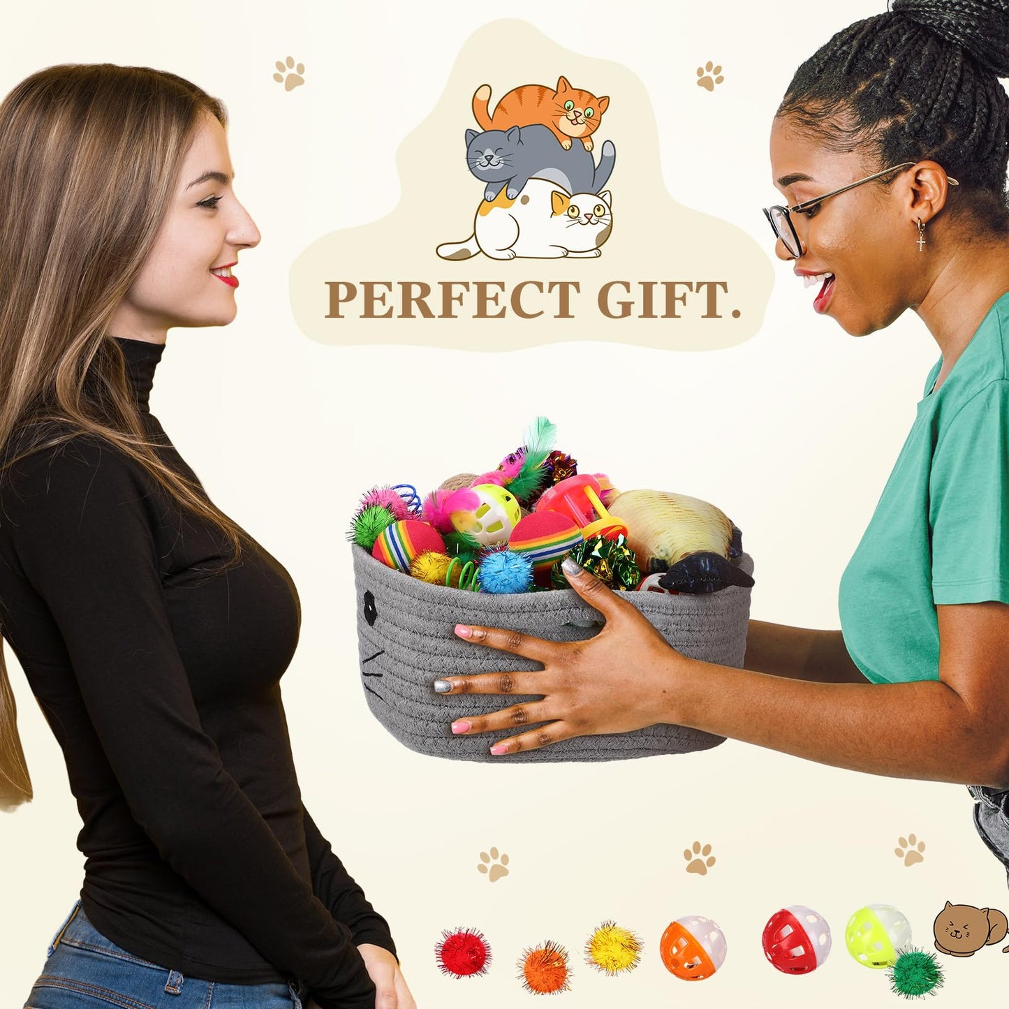 Zopeal 58 Pcs Mother’s Day Cat Storage Basket Gift Toys Set, Colorful Flashing Balls Pet Bell Crinkle Balls Spring Toys Attract Cat to Swat, Hunt, Interactive for Pet(Grey,9.8 Inch)