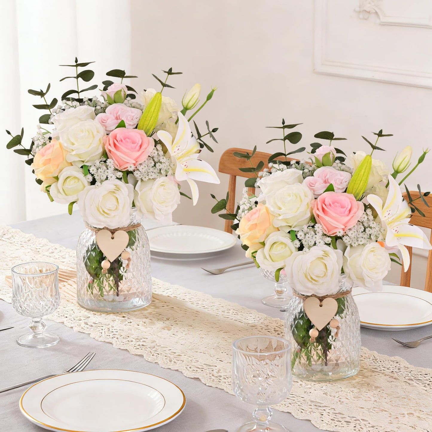 Livole 22Pcs Fake Flowers with Vase Silk White Artificial Flowers in Vase with Light Fake Plant Eucalyptus Flower Arrangement for Table Centerpieces Decor for Living Room Coffee Home Farmhouse