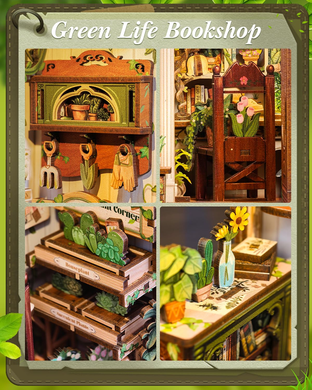 Cutefun Book Nook Kit - DIY Miniature Dollhouse Booknook Kit for Adults and Teens, 3D Wooden Puzzle Bookshelf Insert Decor with LED Light, Gifts for Book Lovers and Beginners (Green Life Bookshop)