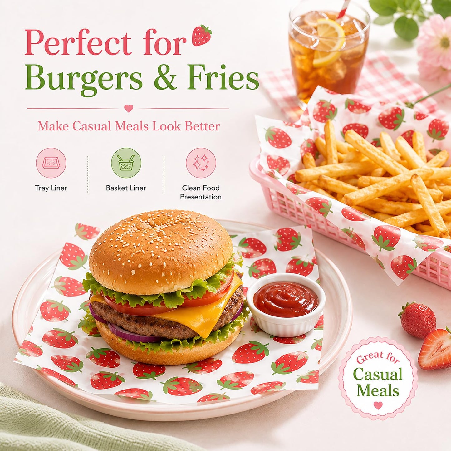 150 Sheets Strawberry Wax Paper for Food Deli, 9.8 x 8.3'' Preppy Strawberry Patterns Greaseproof Sandwich Wrapping Paper for Picnic Basket Liner Summer Birthday Party Supplies