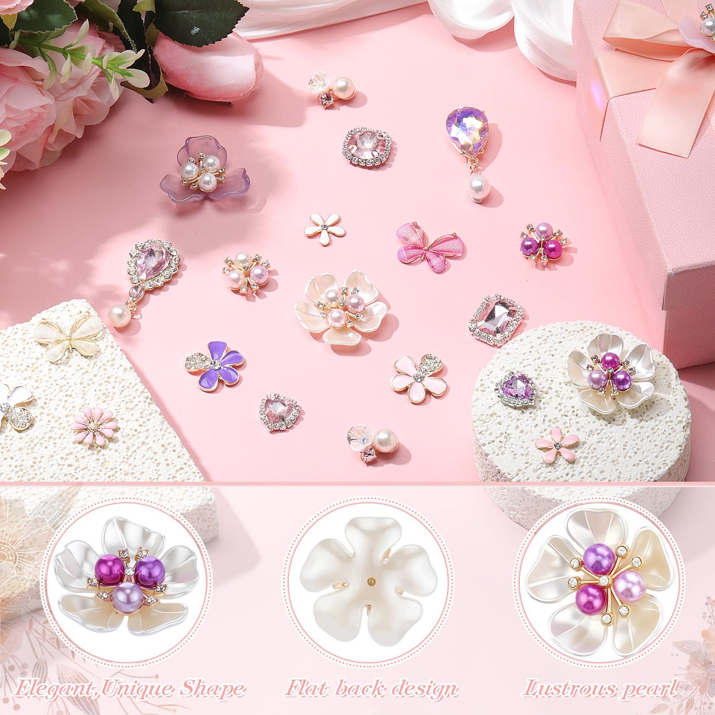 Giegxin 45 Pcs Rhinestone Embellishments Buttons for Craft Embellishments for Craft Faux Pearl Button Butterfly Flower Brooch for Wedding Decoration DIY Clothes Bag Shoe Supplies(Pink Purple Petals)