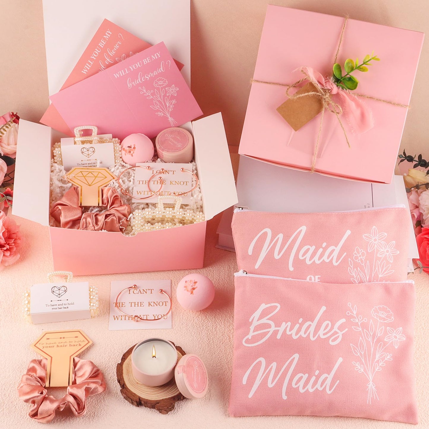 73pcs Bridesmaid Gifts Set Of 6 Pink，Maid of Honor Proposal Box Gift,Scented Candle Salt Ball Makeup Bag Rectangular Hair Clip Bridesmaids Scrunchies Knot Bracelet Bridal Shower Wedding Party