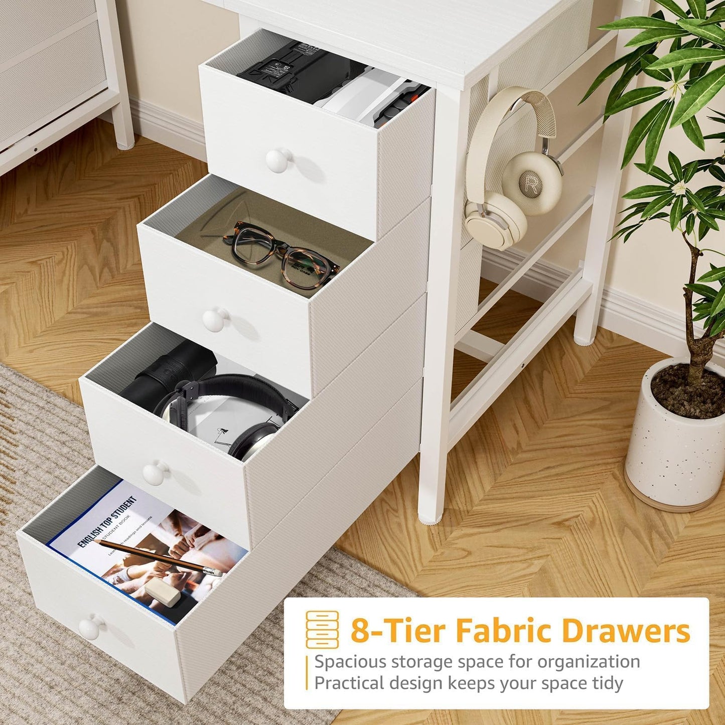 White Computer Desk with Drawers on Both Sides for Home Office, 55 inch Girls Teens Desks with Storage Writing Study Table for Bedroom, Makeup Vanity Desks Without Mirror,8 Fabric Drawer