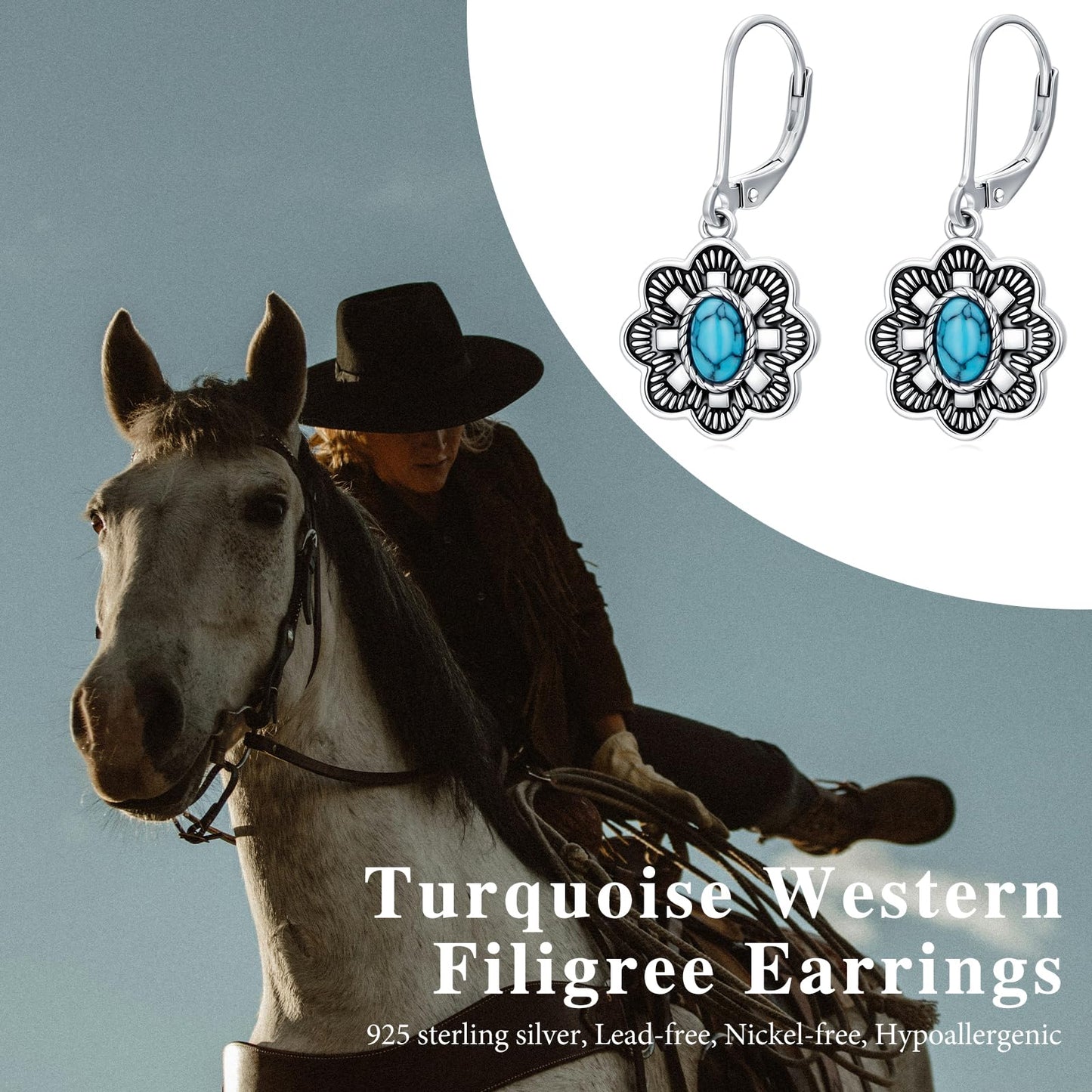 YYmqmq Turquoise Filigree Earrings for Women 925 Sterling Silver Western Jewelry Turquoise Dangle Earrings Laverback Country Jewelry Cowgirl Gifts for Women Girlfriend