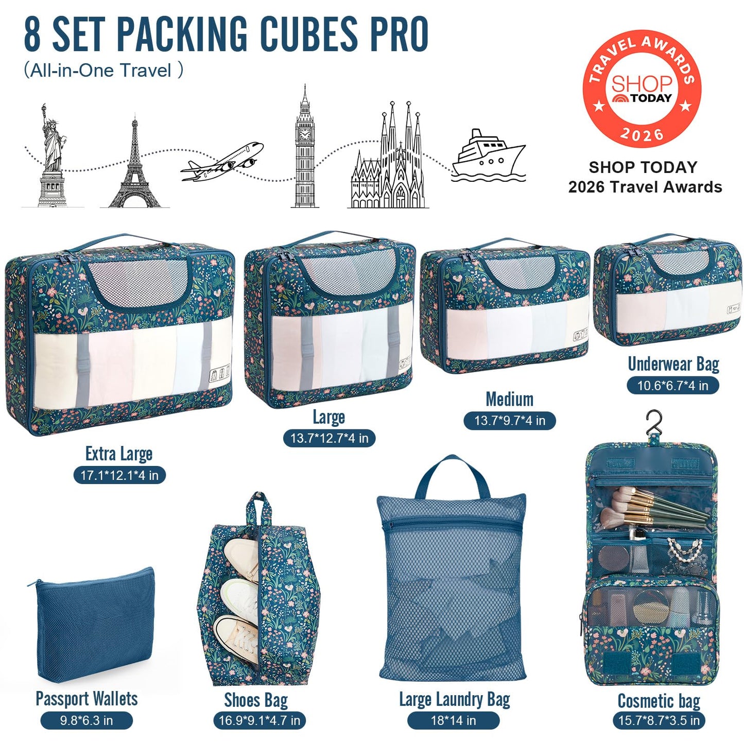 Veken 8 Set Packing Cubes for Travel Essentials, Suitcase Organizer Bags in 4 Sizes, Carry-On Luggage Accessories with Large Laundry & Hanging Toiletry Bag, Must-Have for Airplane, Road Trip & Camping