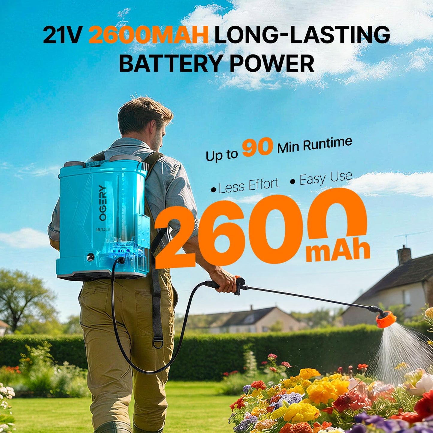 OGERY Battery Powered Backpack Sprayer 4 Gallon, 2.6Ah 21V Battery Electric Sprayer with 6 Nozzles, Telescopic Stainless Steel + Plastic Wand for Lawn Garden Weed Yard Cleaning (Charger Included)