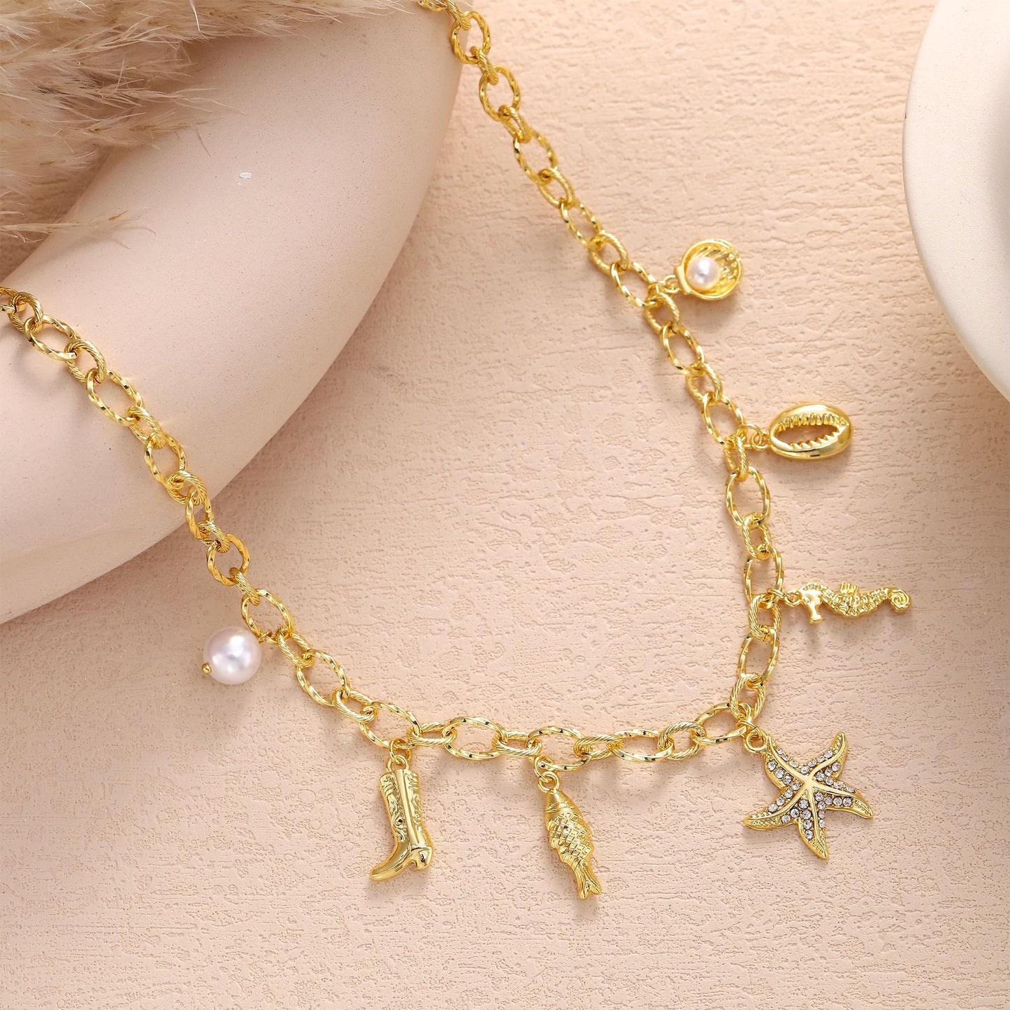 Chunky Charm Cross Pearl Necklace For Women Seashell Shell Starfish Beach Bow 14K Gold Plated Pendant Summer Jewelry (02 Starfish)
