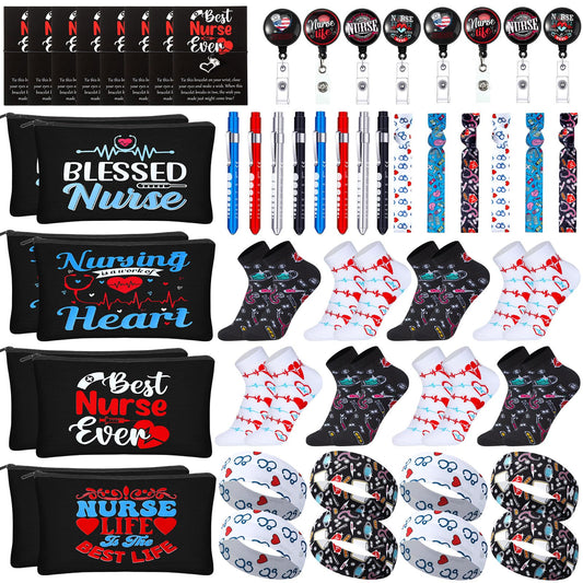 72 Pcs Nurse Week Gifts Bulk 2026,Nurses Appreciation Gift Set for Women Socks Makeup Bag Penlight Badge Reels Headband Bracelet Hair Rope for Graduation Gratitude Employees Doctor Hospital Staff Team