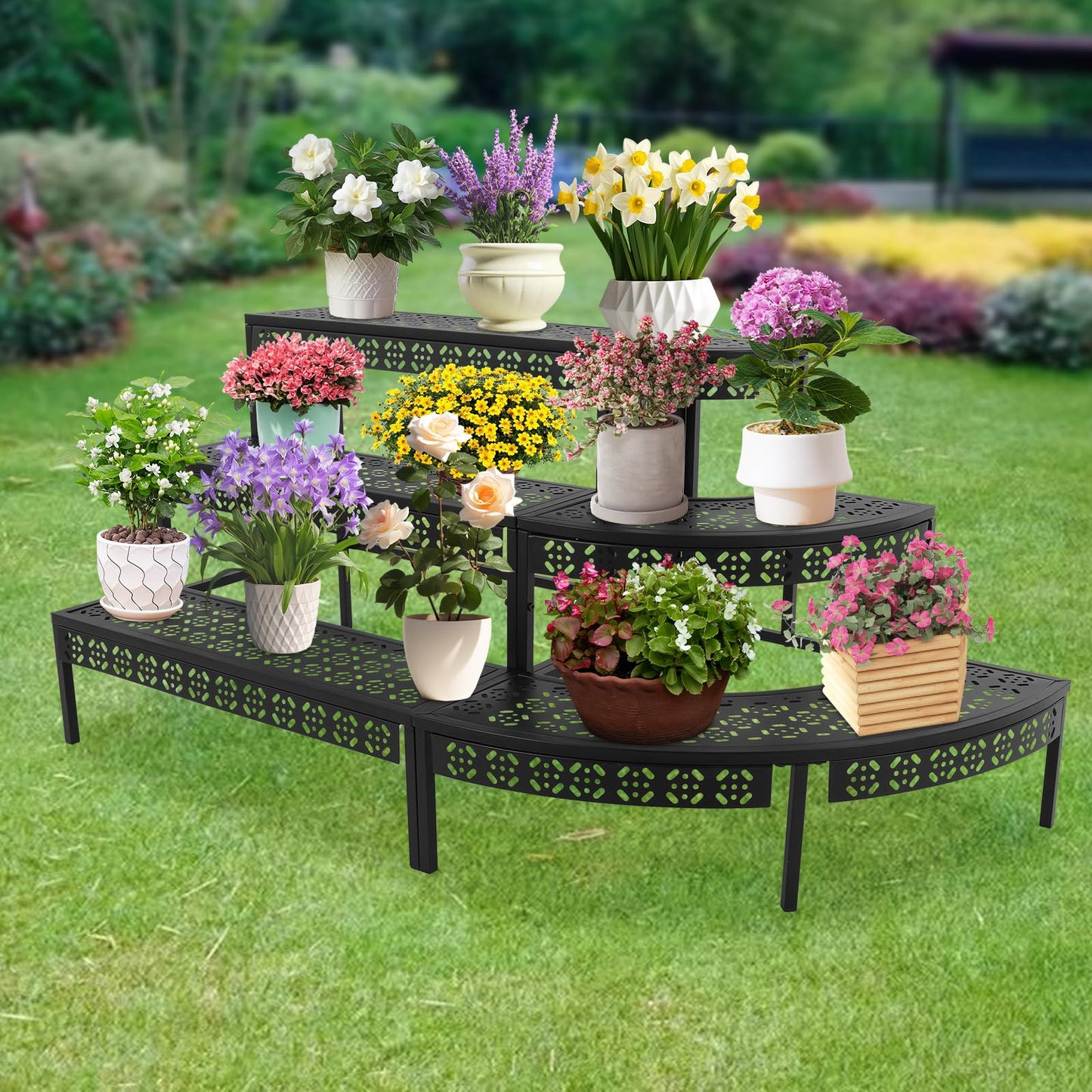 ARPITUYN 3 Tier Metal Plant Stand, Ladder Flower Pot Holder Plant Stands, Stair Style Large Flower Pot Display Rack, Garden Flower Pot Display Shelf for Indoor Outdoor, Black