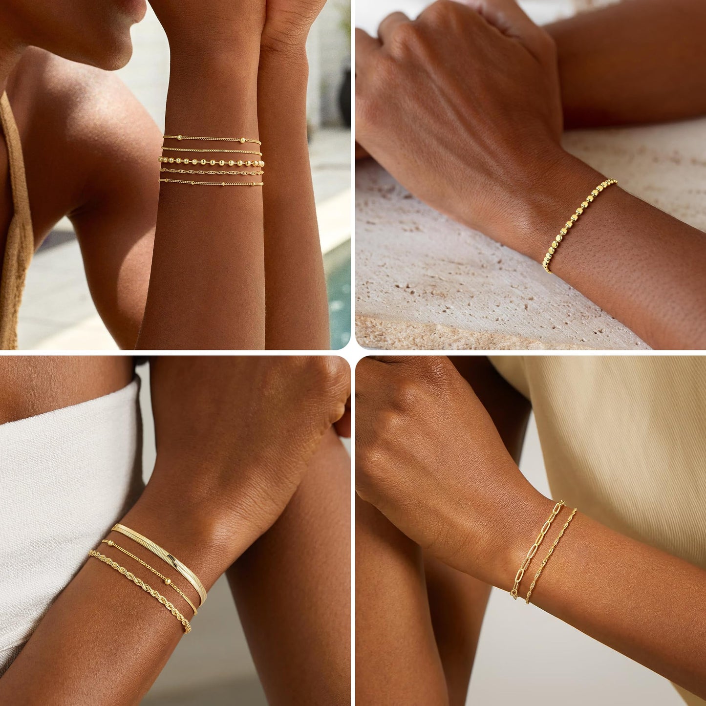 Turandoss Gold Bracelets Stack for Women, Dainty 14K Gold Plated Stackable Bracelet Set Adjustable Beaded Satellite Box Chain Bracelet Waterproof Non Tarnish Jewelry Gifts for Women
