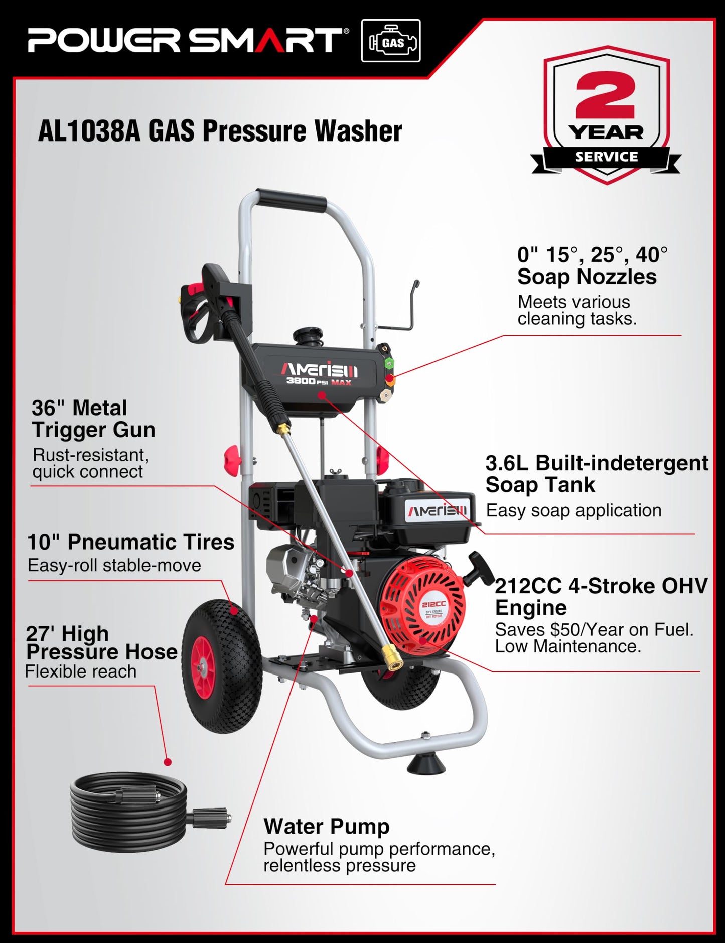Gas Pressure Washer MAX 3800 PSI, MAX 2.5 GPM, 212CC, with Onboard Soap Tank, Metal Spray Wand, 5 Nozzles for Driveways, Cars, House Siding