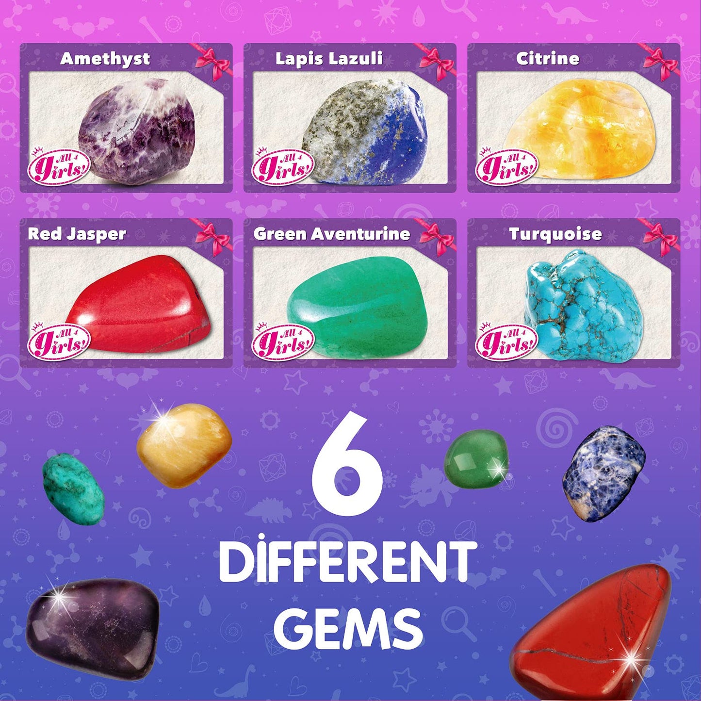 EDUMAN 6PCS Gemstone Dig Kit for Kids – Dig Up Amethyst, Lapis Lazuli, Citrine, Red Jasper, Aventurine & Turquoise – DIY Jewelry Making STEM Science Kit Gift for Girls and Boys Ages 6+