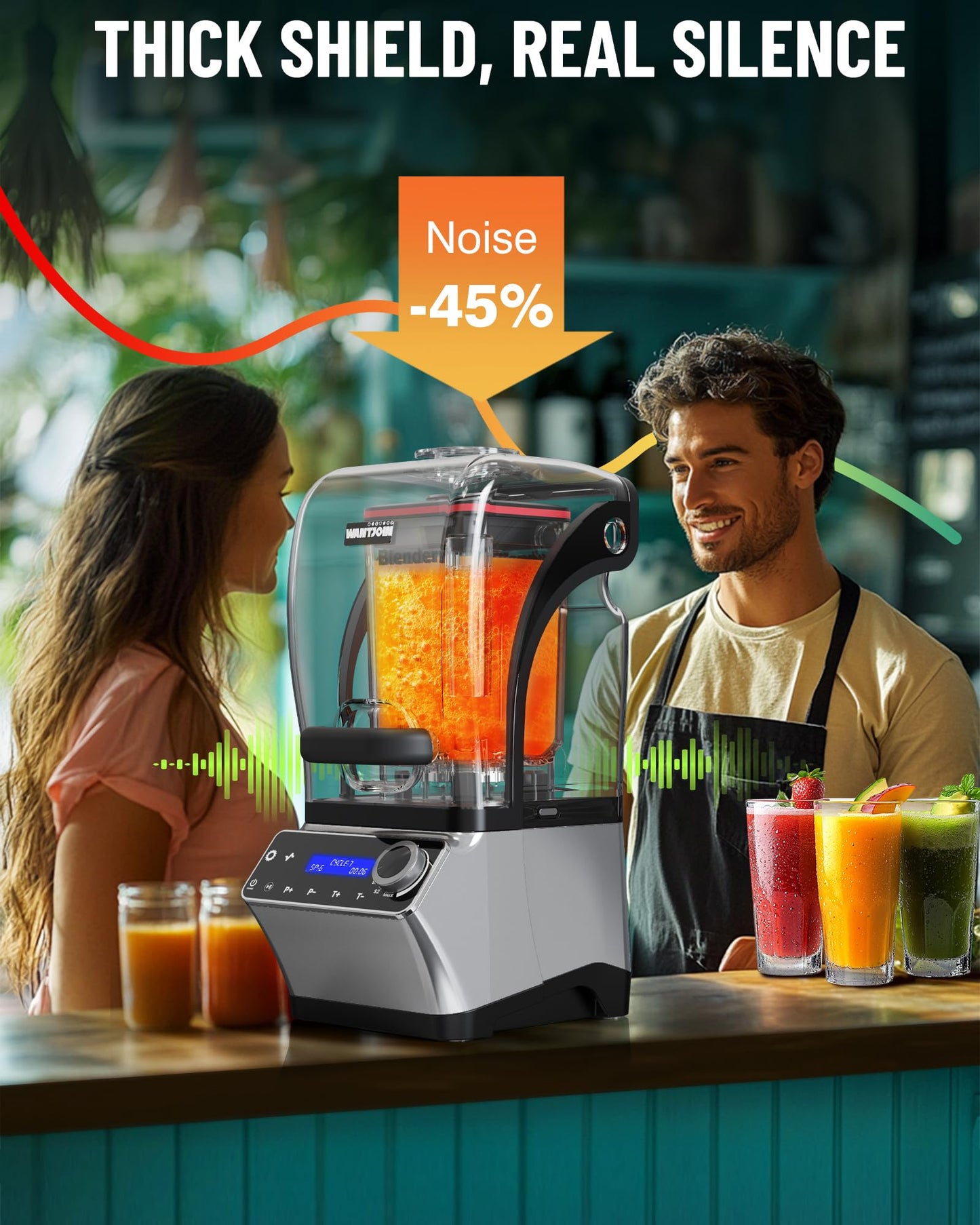 WantJoin Commercial Blender - 68 oz Quiet Commercial Blender for Smoothies with LED Touch Panel & Sound Enclosure, 2200W Copper Motor, 30000RPM, 7 Speeds, Blenders for Frozen Drinks, Juice, Soup