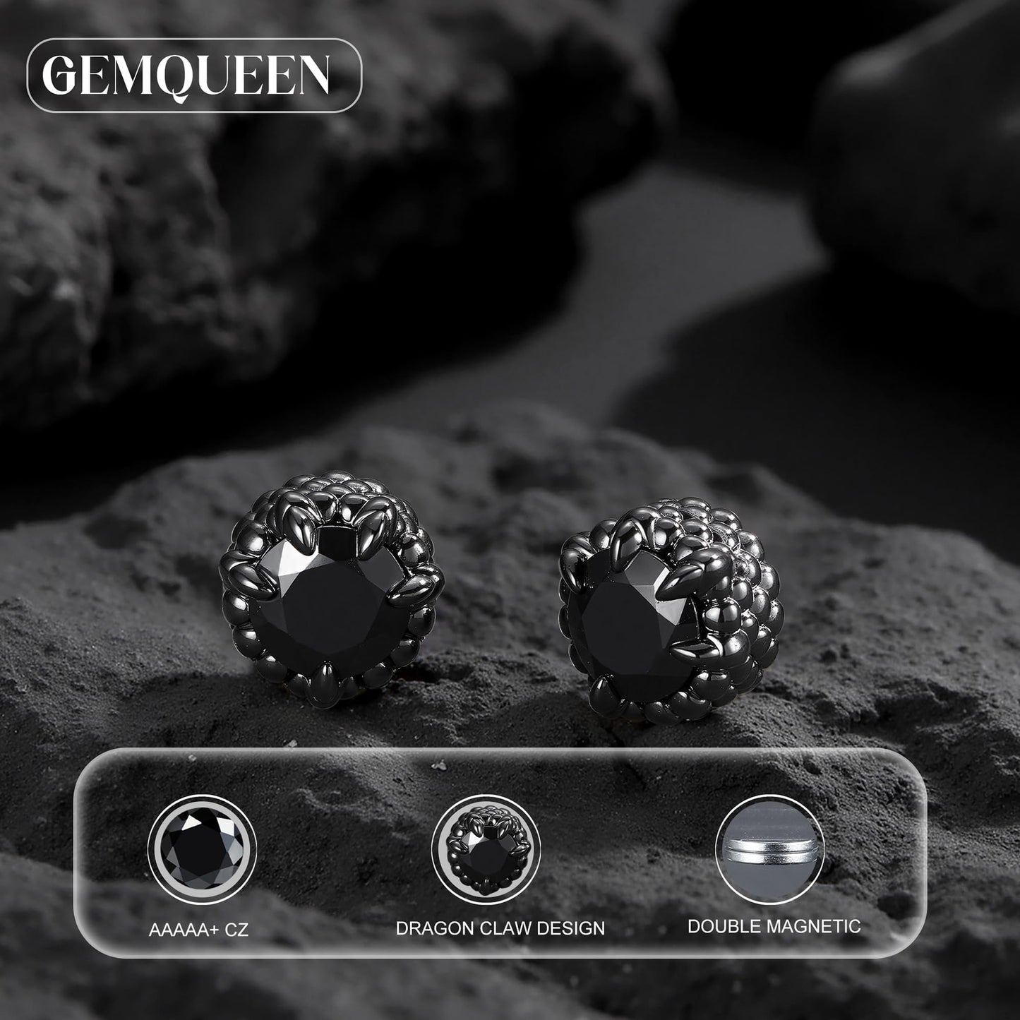 GEMQUEEN Magnetic Earrings for Men Women - 5A Shiny CZ Dragon Claw Punk Hypoallergenic Stainless Steel Non Piercing Clip on Fake Earrings Studs Black 6.5MM Not Easy to Fall