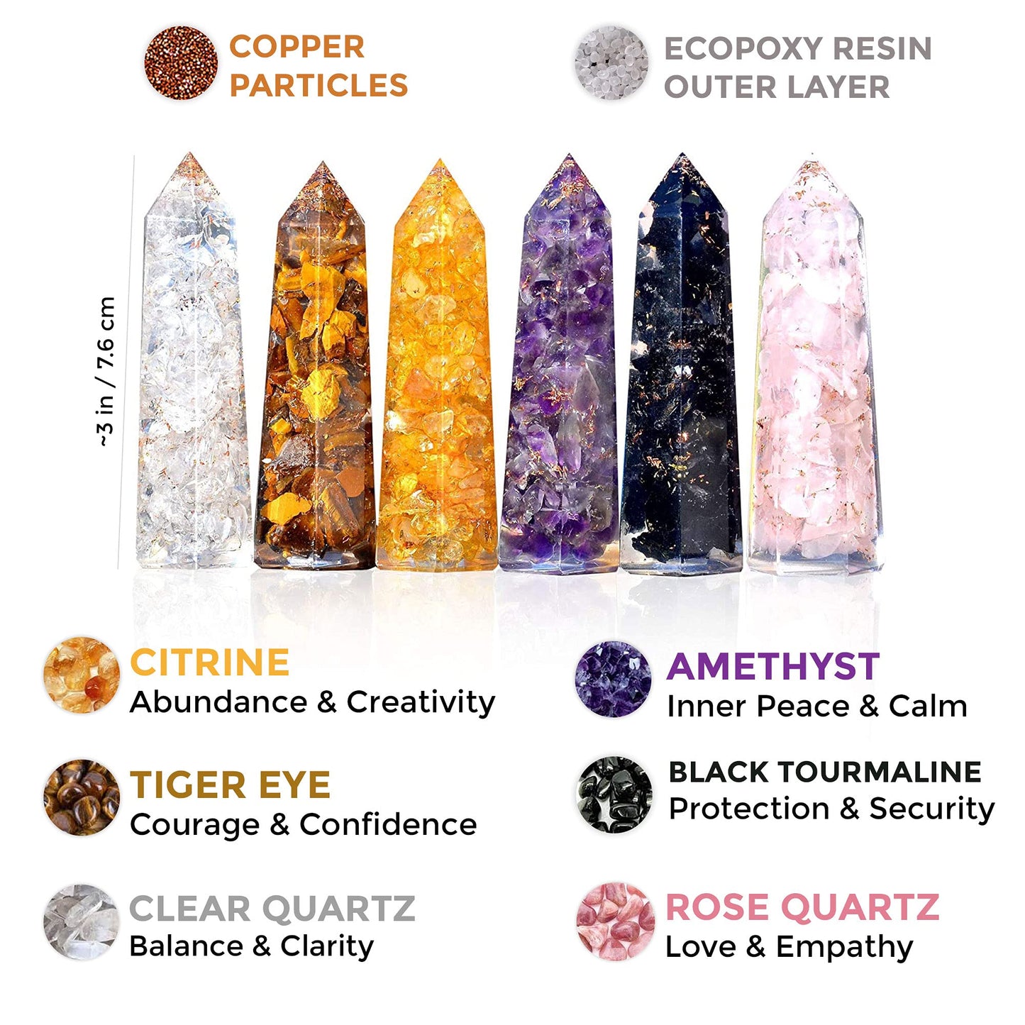 Healing Crystal Wand Set of 6 Orgonite – Includes 3” Amethyst Crystal, Tigers Eye, Rose Quartz, Black Tourmaline Stone, Citrine and Clear Quartz Orgone Crystal Plus Black Tourmaline Necklace