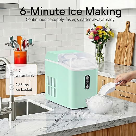 Nugget Ice Maker Countertop, Portable Ice Makers Machine with Removable Basket and Scoop, Self-Cleaning, Quiet, 6-Min Ready, 24lbs in 24Hrs, Visible, for Home, Party, RV, Camping, Green