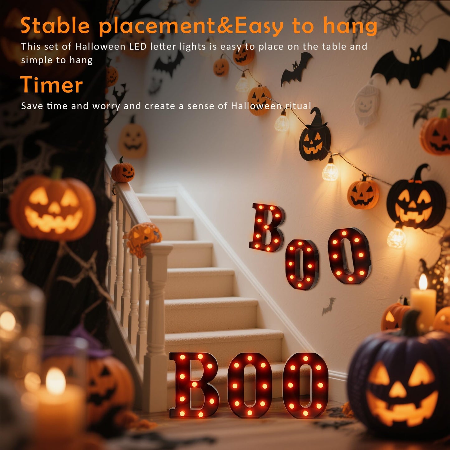 Halloween LED Marquee Letters “BOO” Set - 3 Pcs Black Alphabet Lights with Orange Glow, Perfect for Halloween, Christmas,Birthday Party, Bar Decor, Battery - Operated Ambience Lamps