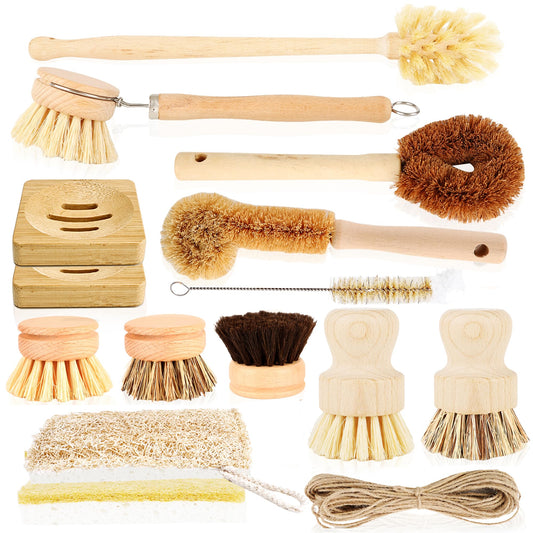 15 Pcs Bamboo Dish Brush Set with 65 Ft Hemp Rope Wooden Palm Pot Brush Sisal Bristles Natural Cup Scrubber Loofah Sponge Draining Tray for Pans, Bottle, Sink Kitchen Cleaning