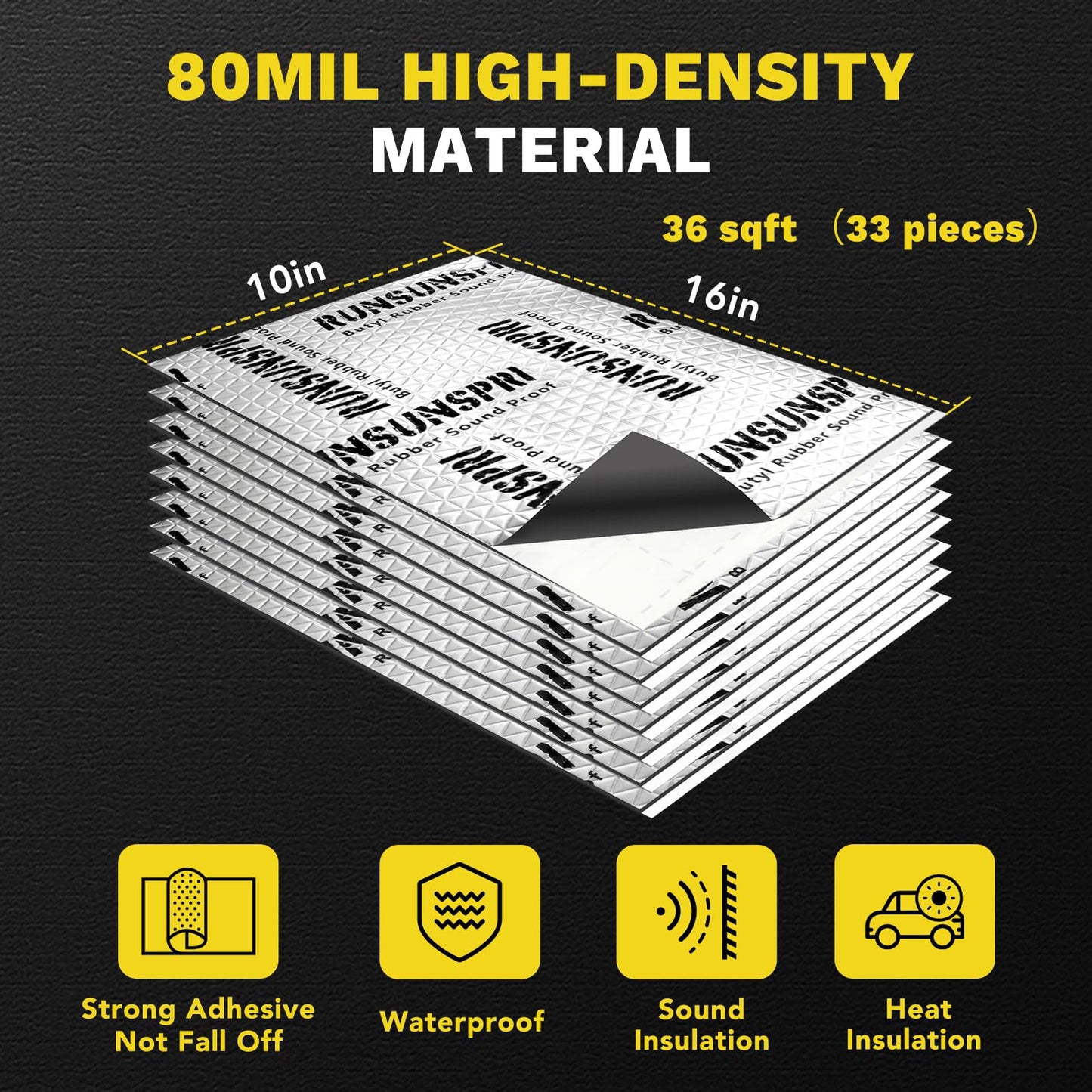 Sound Deading Material for Cars, 80mil (2mm) 36 sqft (3.4 sqm) Car Sound Deadening Mat, Butyl Automotive Sound Deadener, Noise Insulation and Vibration Dampening Material (33 pcs)