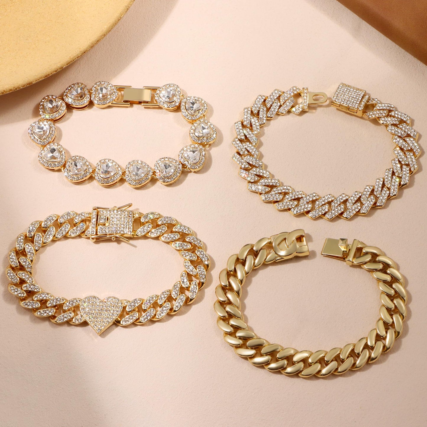 shopbyskyler 4PCS Gold Bracelets for Women Silver Clustered Tennis Bracelet for Women Heart Round Diamond Cuban Bracelet Layered Link Bracelet Set Fashion Jewelry (Gold-2, 8inch)
