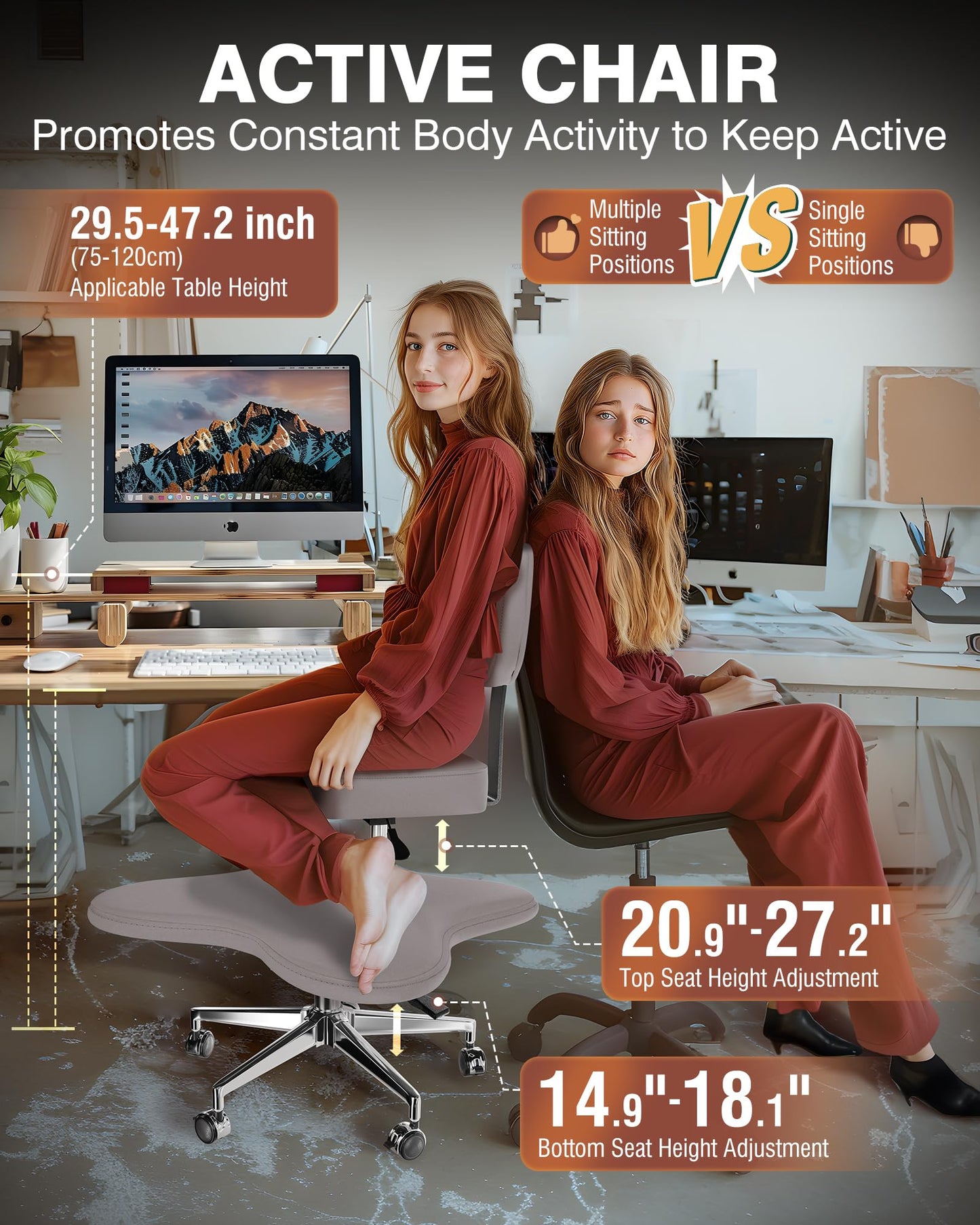 PYY ADHD Chairs for Adults - Meditation Cross Legged Office Chair with Wheels, Ergonomic Squatting Kneeling Fidget Chair with Lumber Back Support Adjustable Height for Home and Office Gray