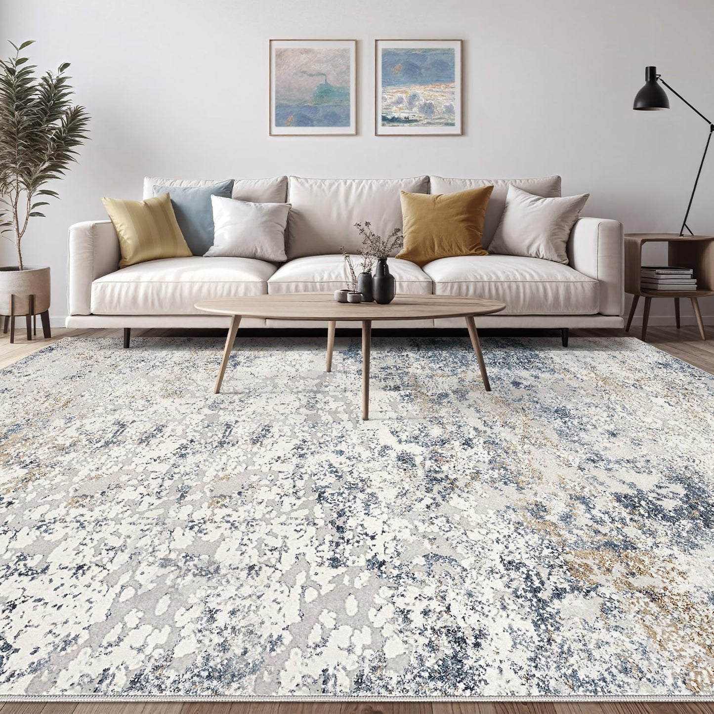 Area Rug Living Room Rugs - 9x12 Abstract Large Soft Indoor Washable Rug Neutral Modern Low Pile Carpet for Bedroom Dining Room Farmhouse Home Office - Beige Blue