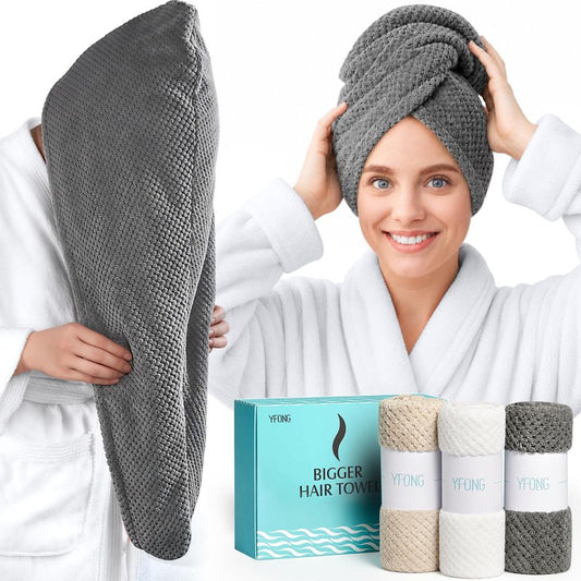 YFONG 3 Pack Large Microfiber Hair Towel Wrap, 30" x 10" Anti Frizz Quick Dry Hair Towels for Women Long, Curly, Thick Hair, Super Absorbent Hair Turban for Wet Hair (Grey, White, Camel)