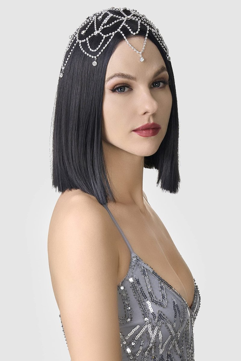 BABEYOND 1920s Crystal Cap Headpiece Rhinestone Head Chain Roaring 20s Great Gatsby Hair Accessories for Art Deco Party (Silver)