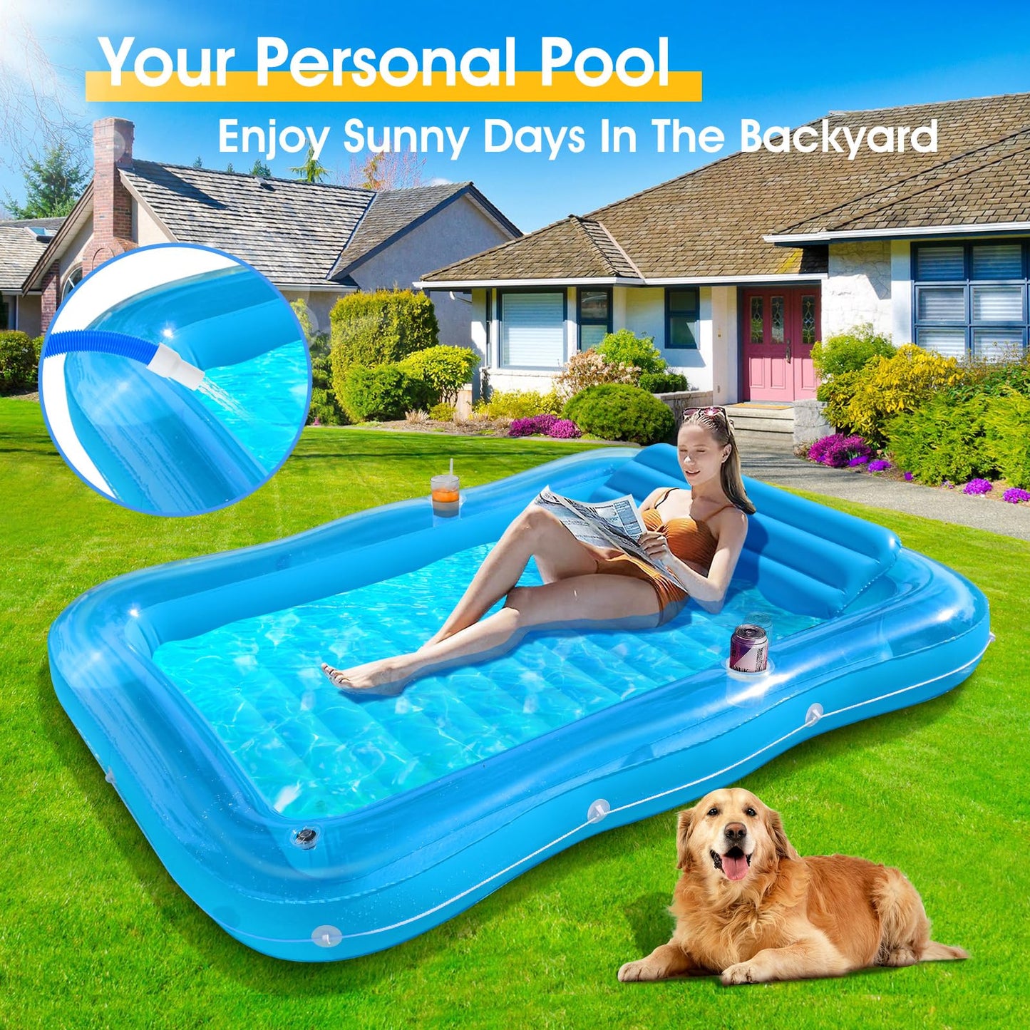 Junbig Inflatable Tanning Pool for 2 Person, 81''x 60'' Tanning Pool Lounger Float with Pillow, Thicken Sutan Tanning Bed Pool Floats Adult w/2 Cup Holders, Water Tanning Pools for Backyard Lake Party